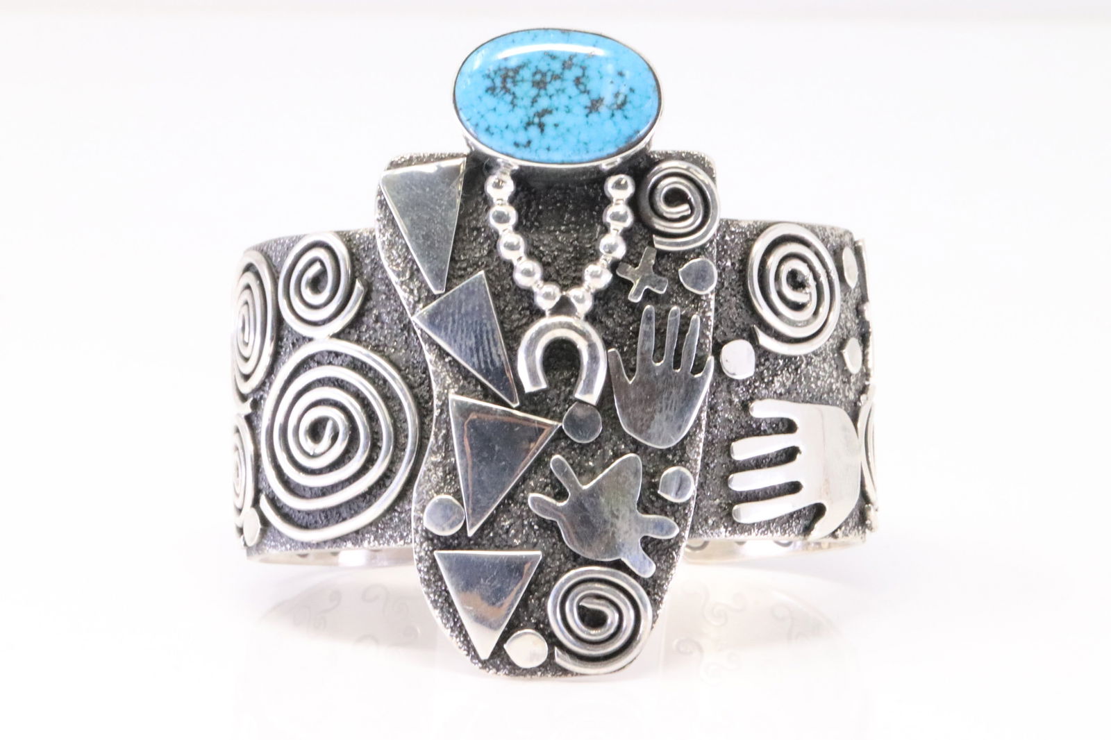 Native America Navajo Sterling Silver Kingman Turquoise Petroglyph Bracelet Cuff By Alex Sanchez. (1 of 4)