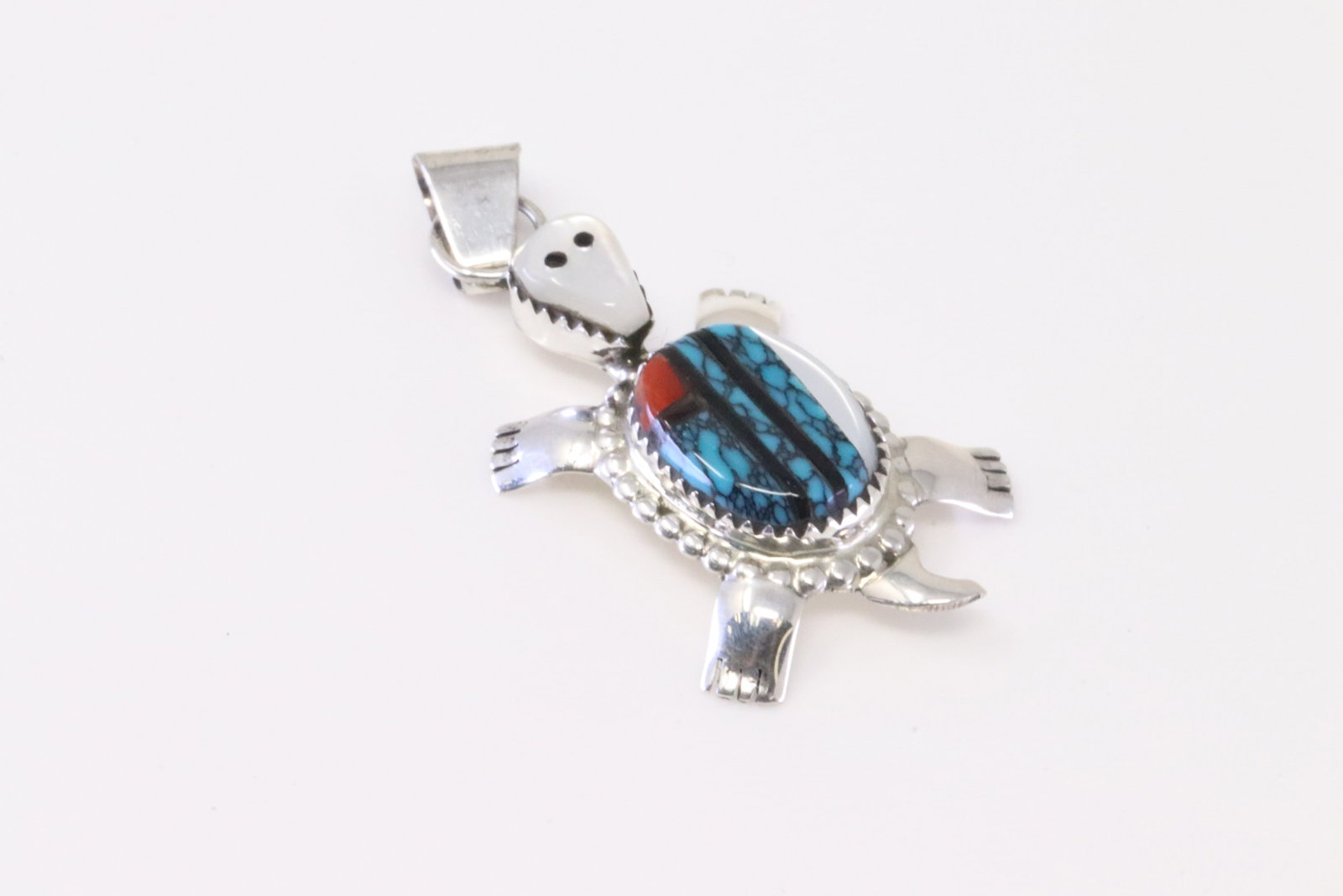 Native America Zuni Sterling Silver Multi-Color Turtle Pendant W.J.H.: This is a Native America Zuni Sterling Silver Multi-Color Turtle Pendant W.J.H.