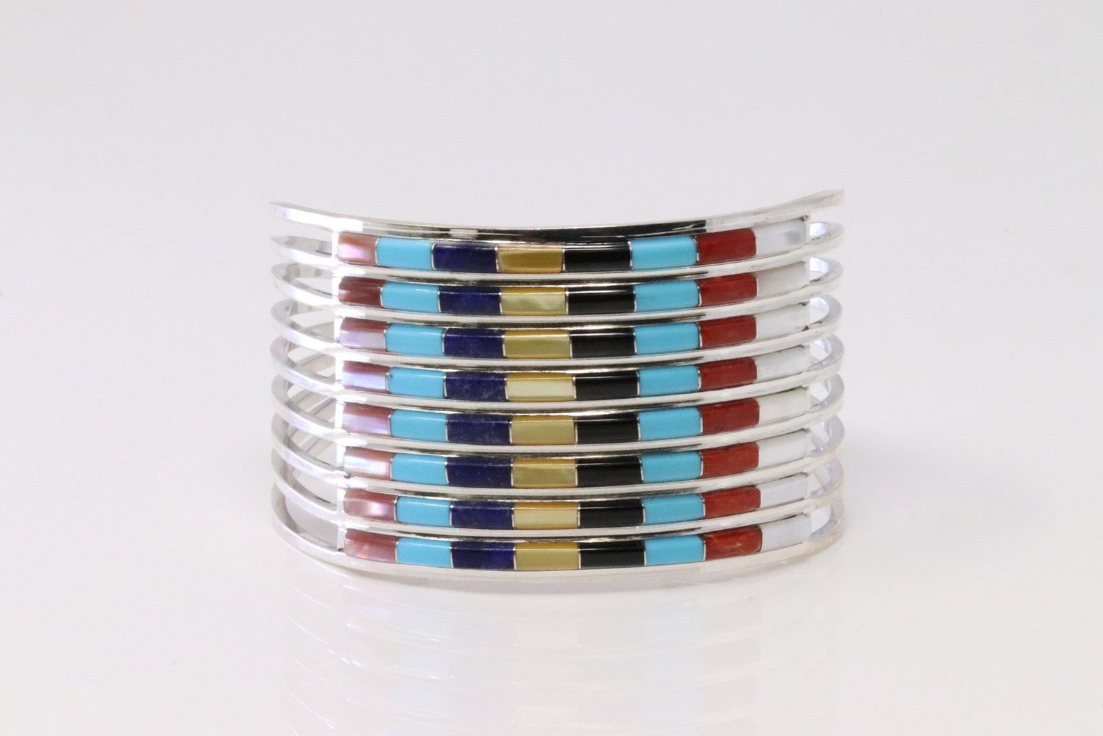 Native America Zuni Sterling Silver Multi-Color inlay Bracelet By A.L.W. (1 of 4)