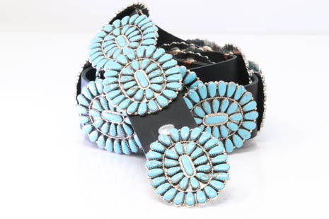 Native America Navajo Sterling Silver Synthetic Concho Turquoise Leather Belt By T.B.: This is a Native America Navajo Sterling Silver Synthetic Concho Turquoise Leather Belt By T.B. Belt length: 49.00"