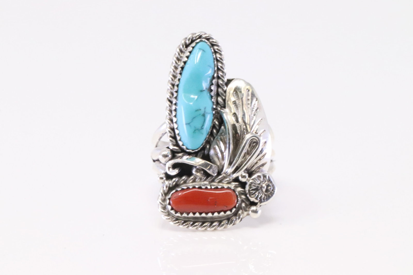 Native America Navajo Sterling Silver Coral & Turquoise Ring By L.Spencer. (1 of 4)