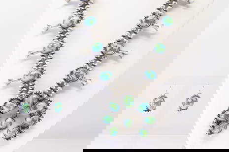 Native America Navajo Sterling Silver Sonora Gold Turquoise Squash Blossom Necklace & Earring's Set: This is a Native America Navajo Sterling Silver Sonora Gold Turquoise Squash Blossom Necklace & Earring's Set By Thomas Francisco. Necklace length: 26.00" Total weight: 182.00 Grams.
