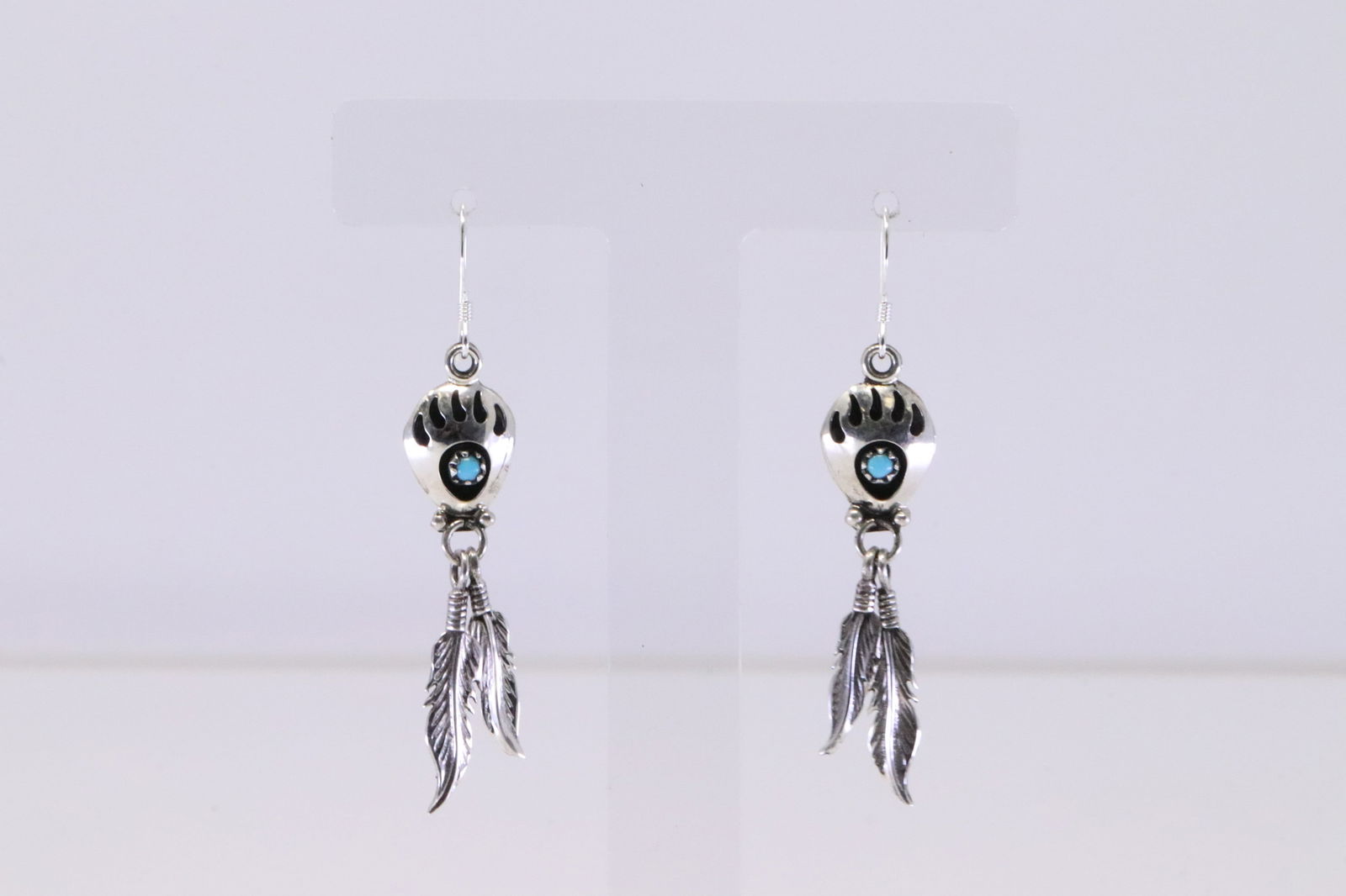 Native America Navajo Sterling Silver Bear Paw Turquoise Feather Post Earring's By Annie Spencer. (1 of 4)
