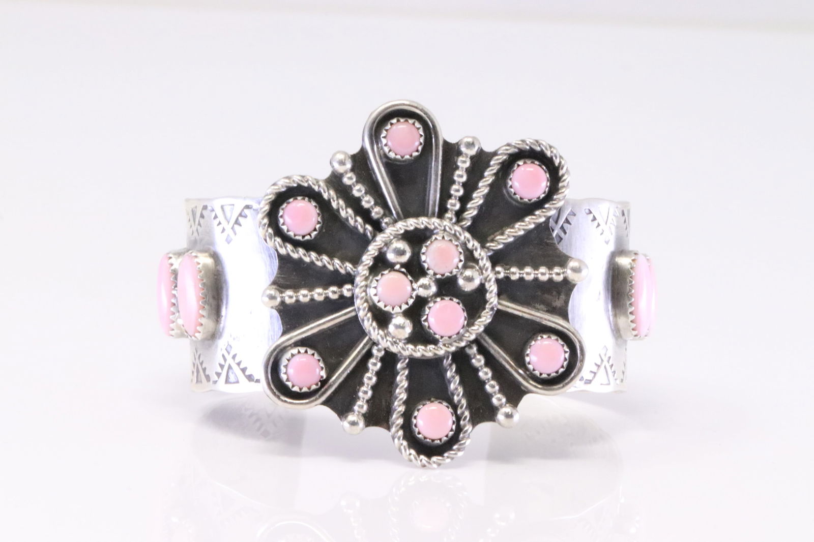 Native America Navajo Sterling Silver Pink Shell Concho Bracelet Cuff By B.J. (1 of 4)