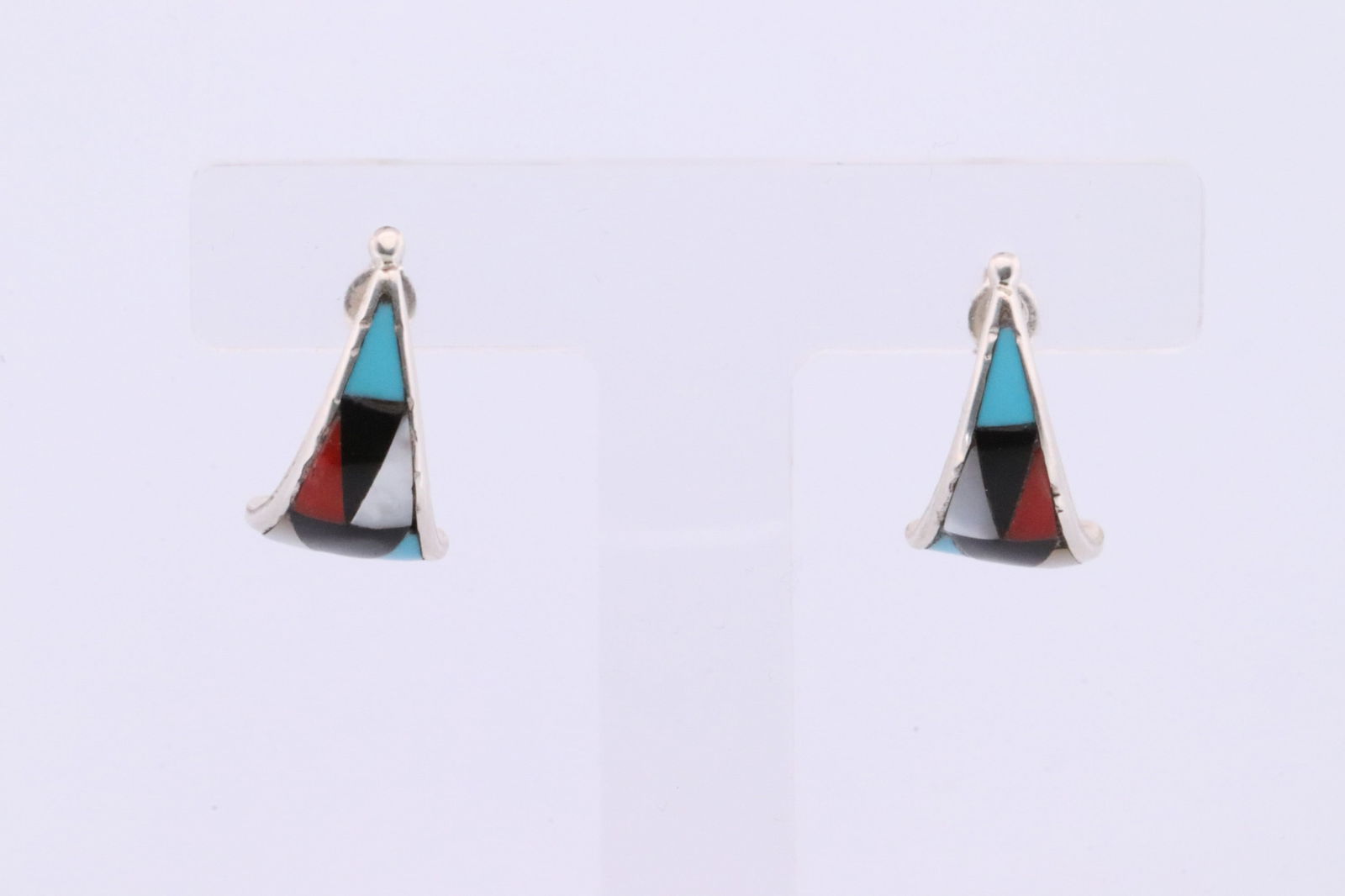 Native America Zuni Sterling Silver Multi-Color Inlay Earring's. (1 of 4)
