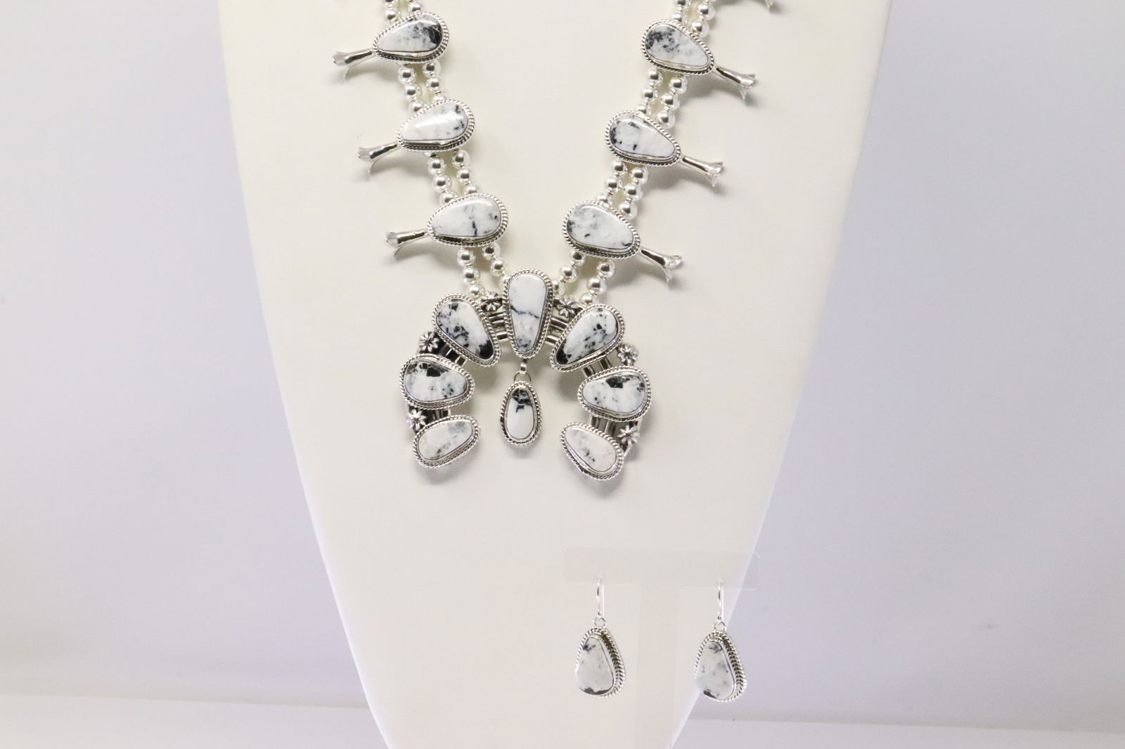 Native America Navajo Sterling Silver White Buffalo Squash Blossom Necklace & Earring's Set By (1 of 7)