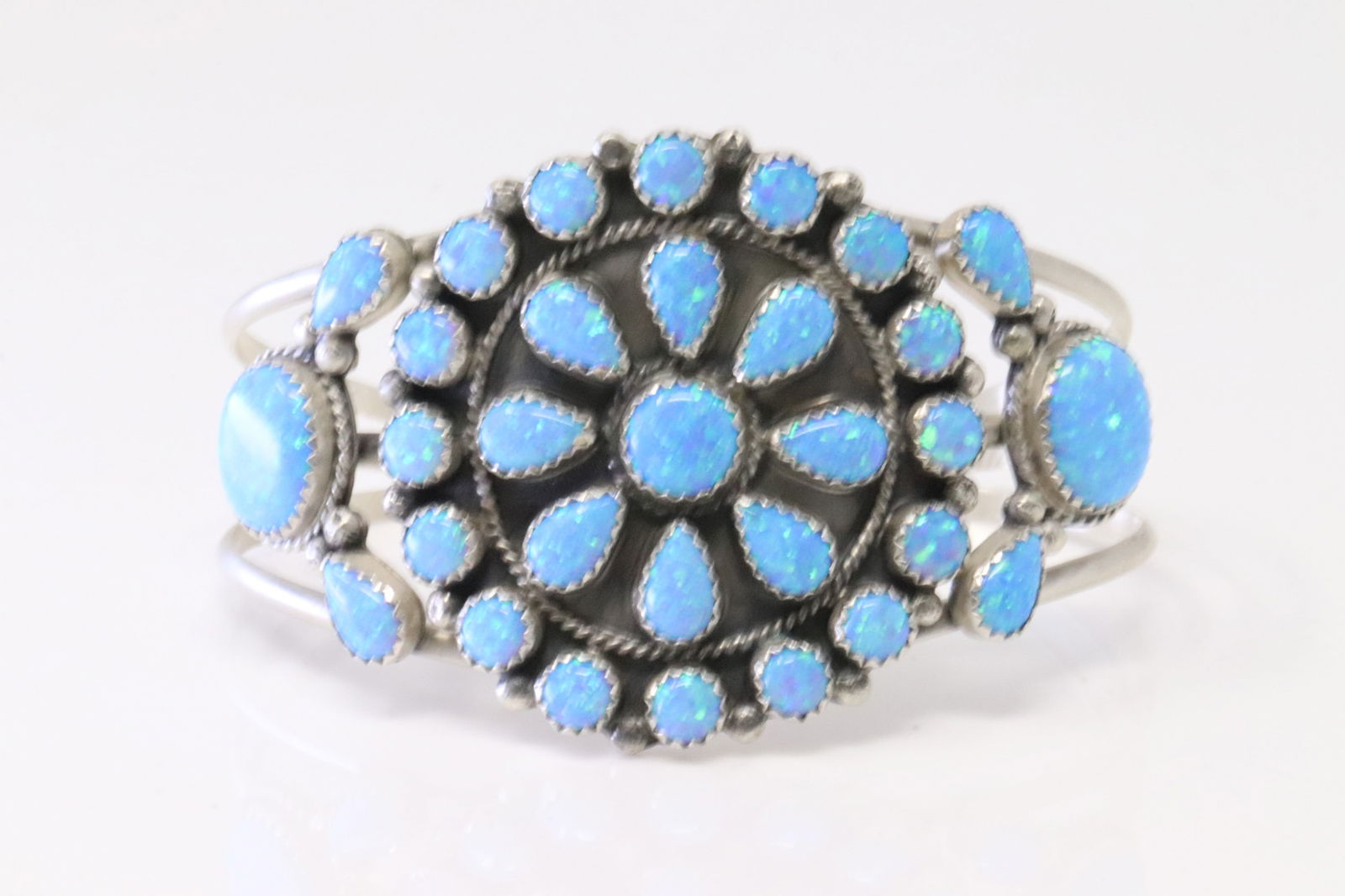 Native America Navajo Sterling Silver Synthetic Blue Opal Cluster Bracelet By R.B. (1 of 4)
