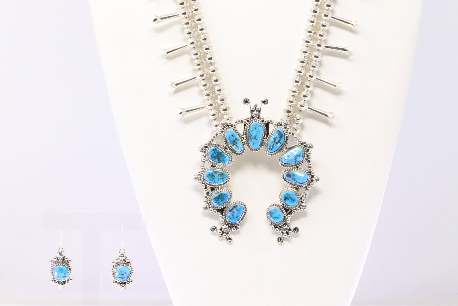 Native American Navajo Sterling Silver Turquoise Squash Blossom Necklace & Earring's Set By Vernon: This is a Native American Navajo Sterling Silver Turquoise Squash Blossom Necklace & Earring's Set By Vernon Johnson. Necklace length: 28.00"