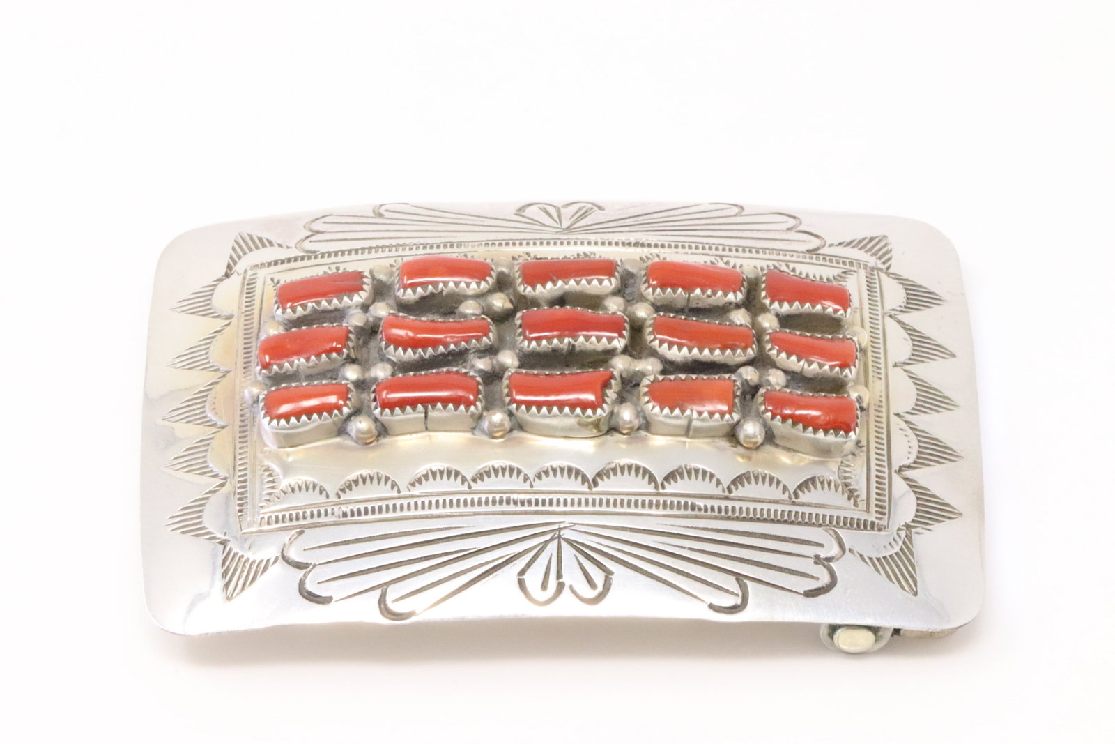 Native American Navajo Sterling Silver Coral Belt Buckle By S.: This is a Native American Navajo Sterling Silver Coral Belt Buckle By S.