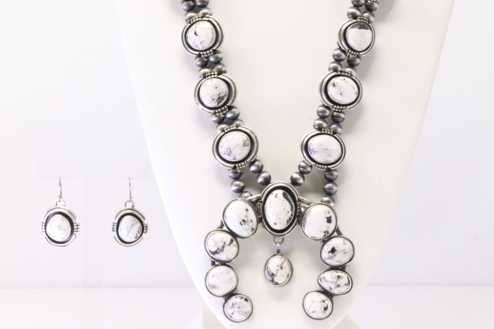 Native America Navajo Sterling Silver White Buffalo Squash Blossom Necklace & Earring's Set By R.B. (1 of 7)