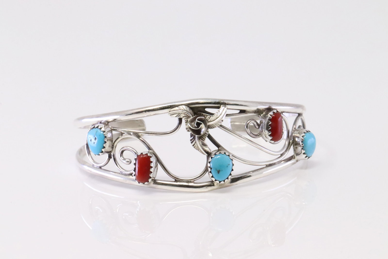 Native America Navajo Sterling Silver Coral & Turquoise Bracelet Cuff By Max Calladitto.: This is a Native America Navajo Sterling Silver Coral & Turquoise Bracelet Cuff By Max Calladitto.