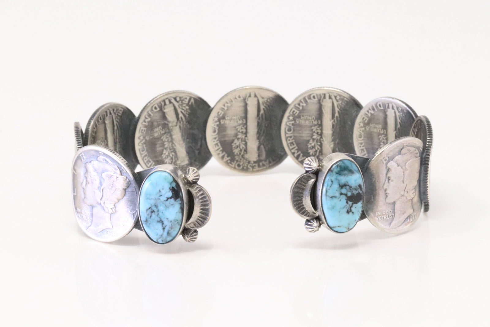 Native America Navajo Sterling Silver Turquoise Mercury Dime Liberty Bracelet By James McCabe. (1 of 4)