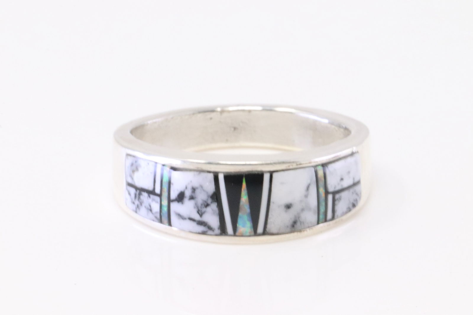 Native American Navajo Sterling Silver Multi-Color Inlay Ring By A.T.: This is a Native American Navajo Sterling Silver Multi-Color Inlay Ring By A.T. Ring size: 12.00.