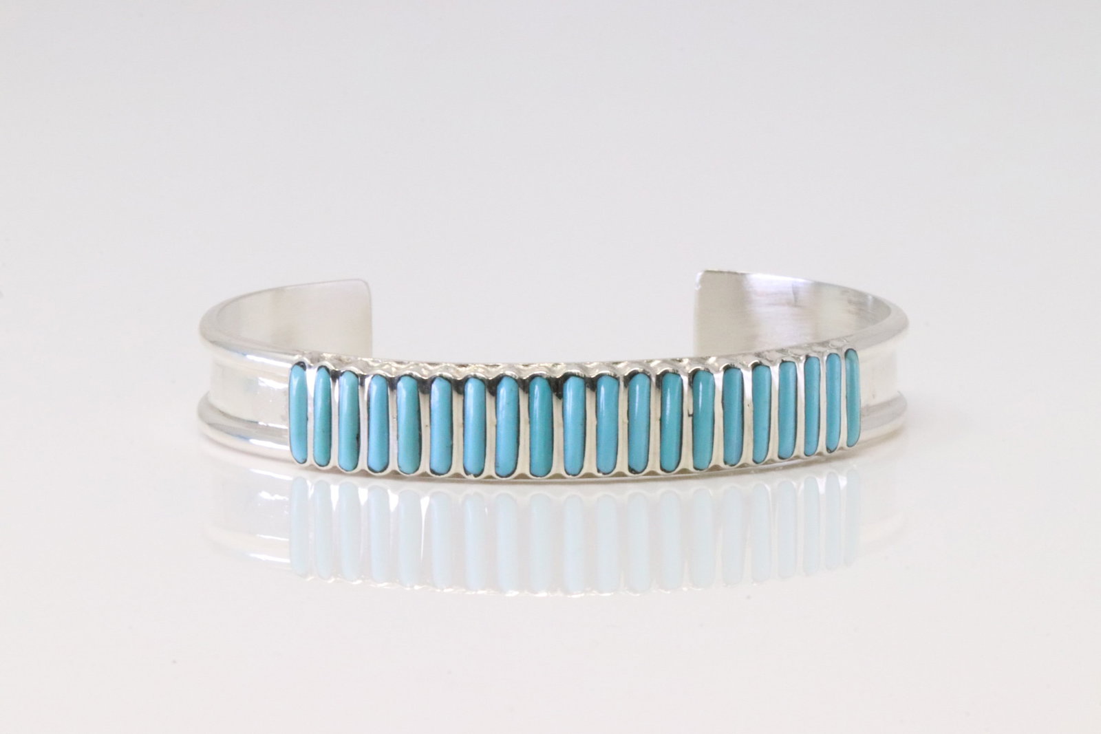 Native America Zuni Sterling Silver Turquoise Bracelet Cuff By Lucy Sheyka.: This is a Native America Zuni Sterling Silver Turquoise Bracelet Cuff By Lucy Sheyka.