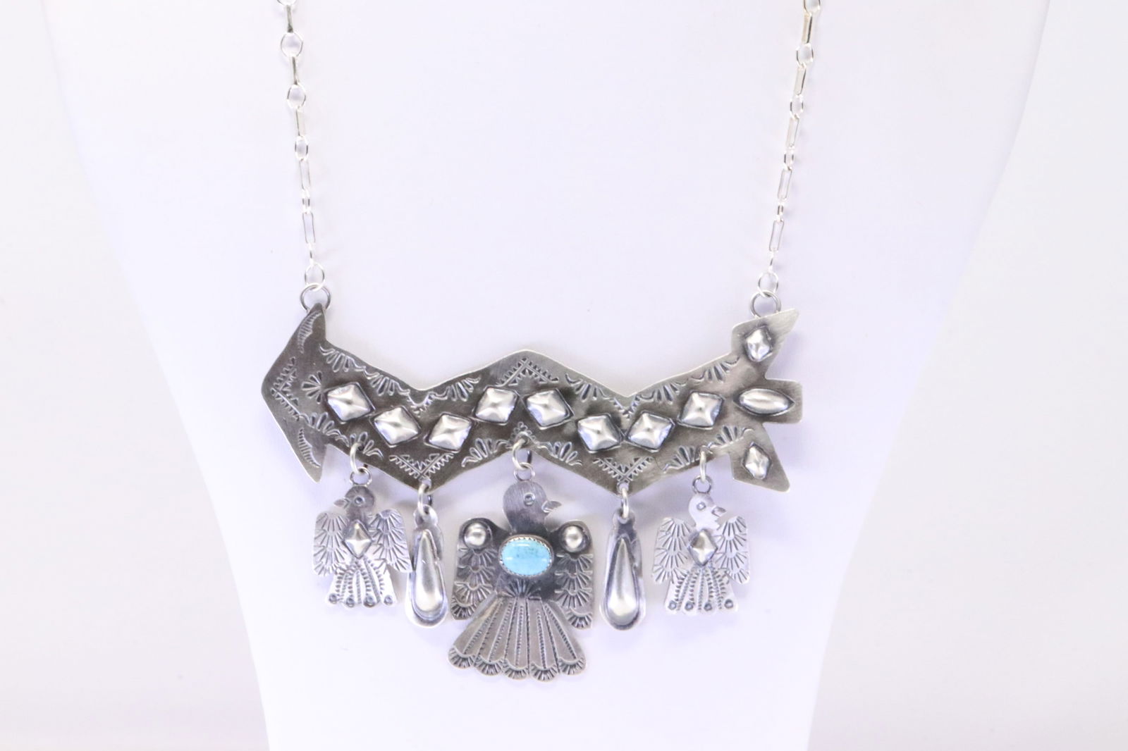 Native American Navajo Sterling Silver Turquoise Thunderbird Necklace By Tim Yazzie. (1 of 4)