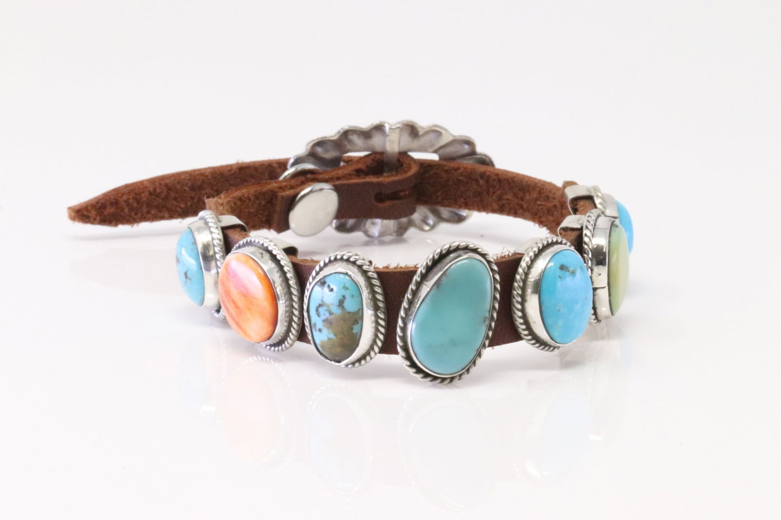 Native American Navajo Sterling Silver Spiny Oyster & Turquoise Leather Bracelet By M. (1 of 4)