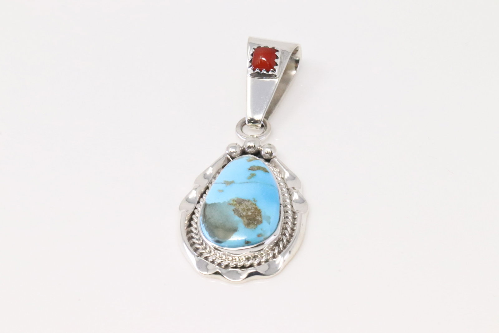 Native America Navajo Sterling Silver Coral & Turquoise Pendant By Samuel Yellowhair.: This is a Native America Navajo Sterling Silver Coral & Turquoise Pendant By Samuel Yellowhair.