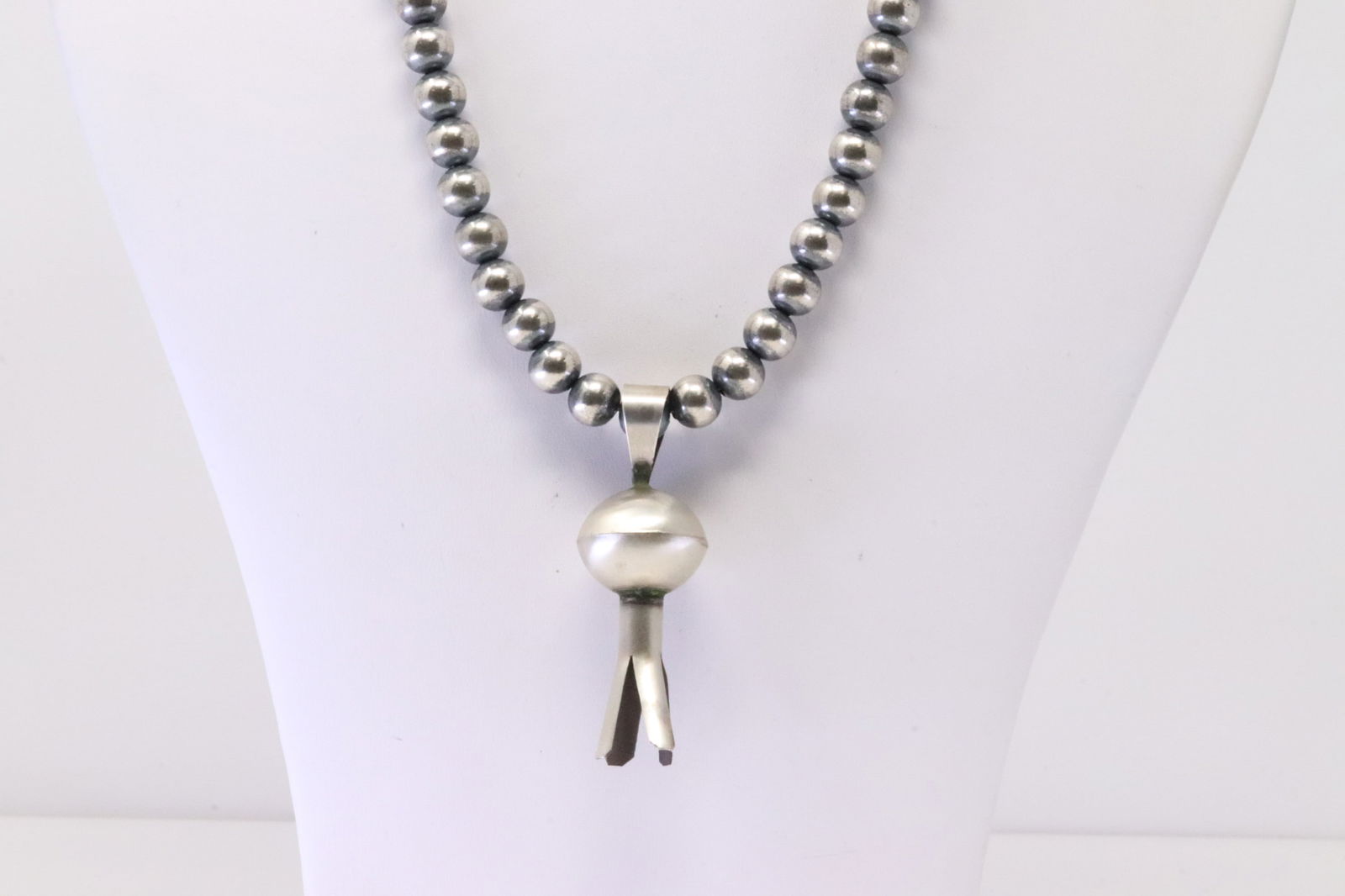 Native America Navajo Sterling Silver Suqash Blossom Pendant By M.S. With Pearl Beaded Sterling (1 of 4)