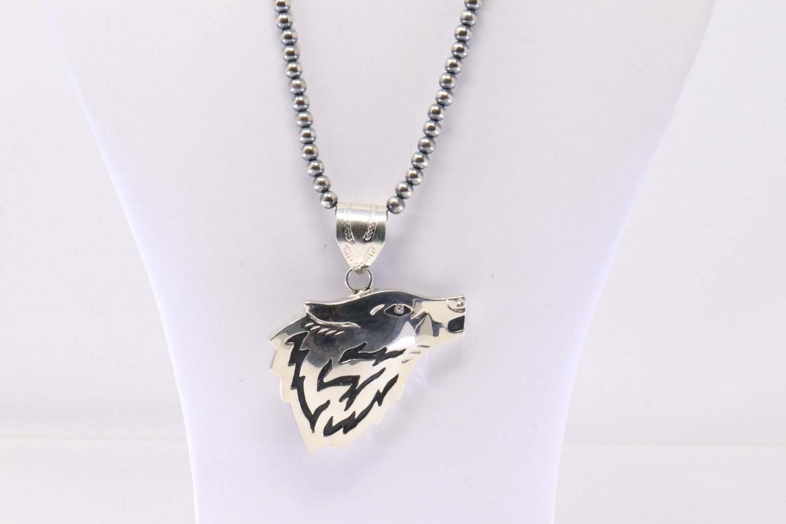 Native America Navajo Sterling Silver Wolf Pendant By A.Mariano. With Pearl Beaded Sterling Silver (1 of 4)