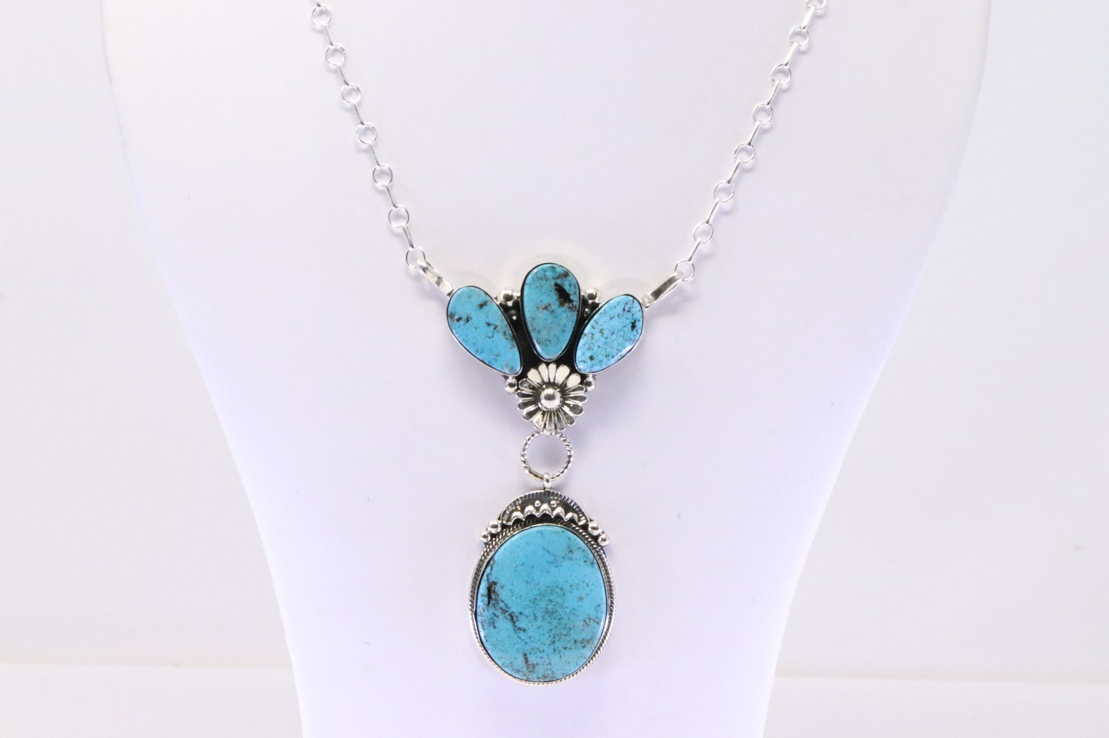 Native America Navajo Sterling Silver Turquoise Necklace By Eddie Chaco. (1 of 4)