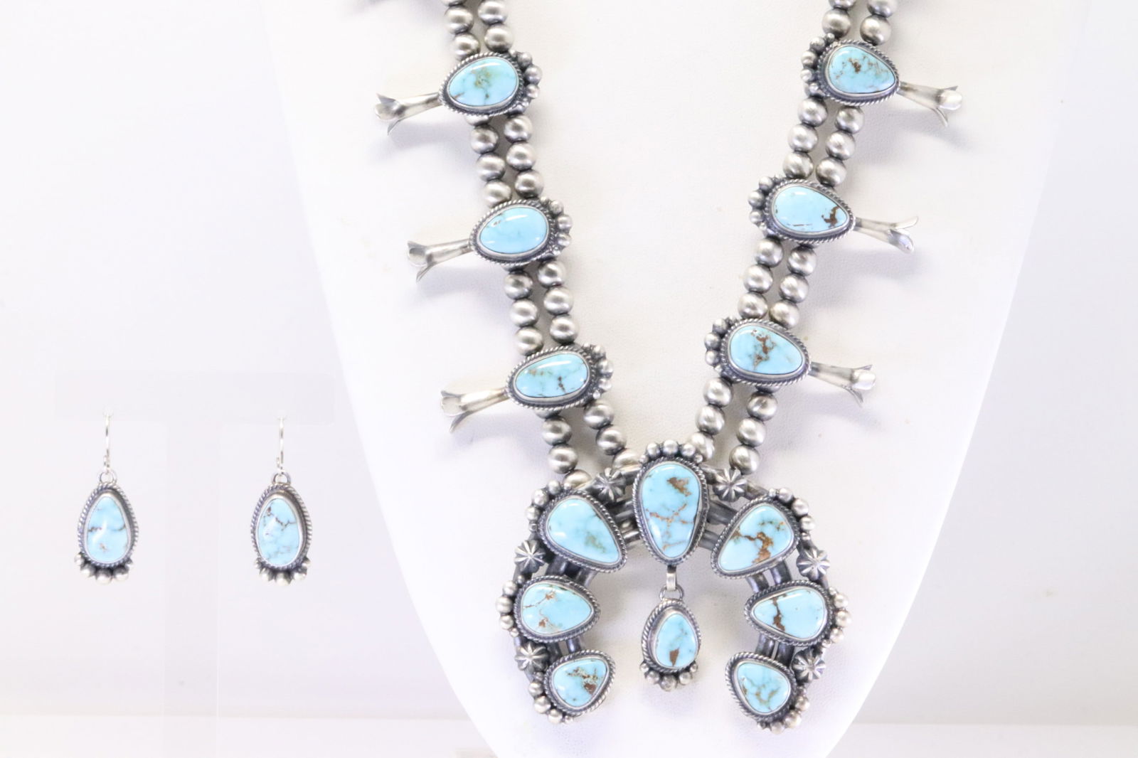 Native American Navajo Sterling Silver Dry Creek Squash Blossom Necklace & Earring's Set By Thomas (1 of 8)
