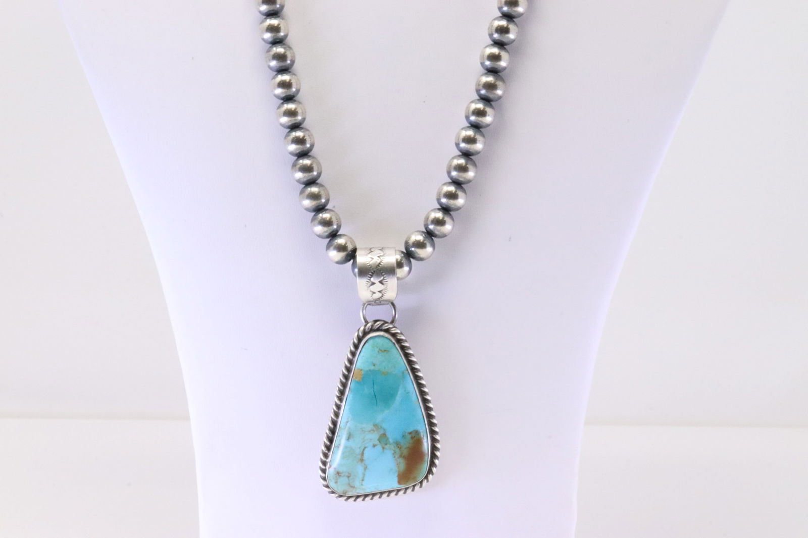 Native America Navajo Sterling Silver Kingman Turquoise Pendant By Ausgustine Largo. With Pearl (1 of 4)