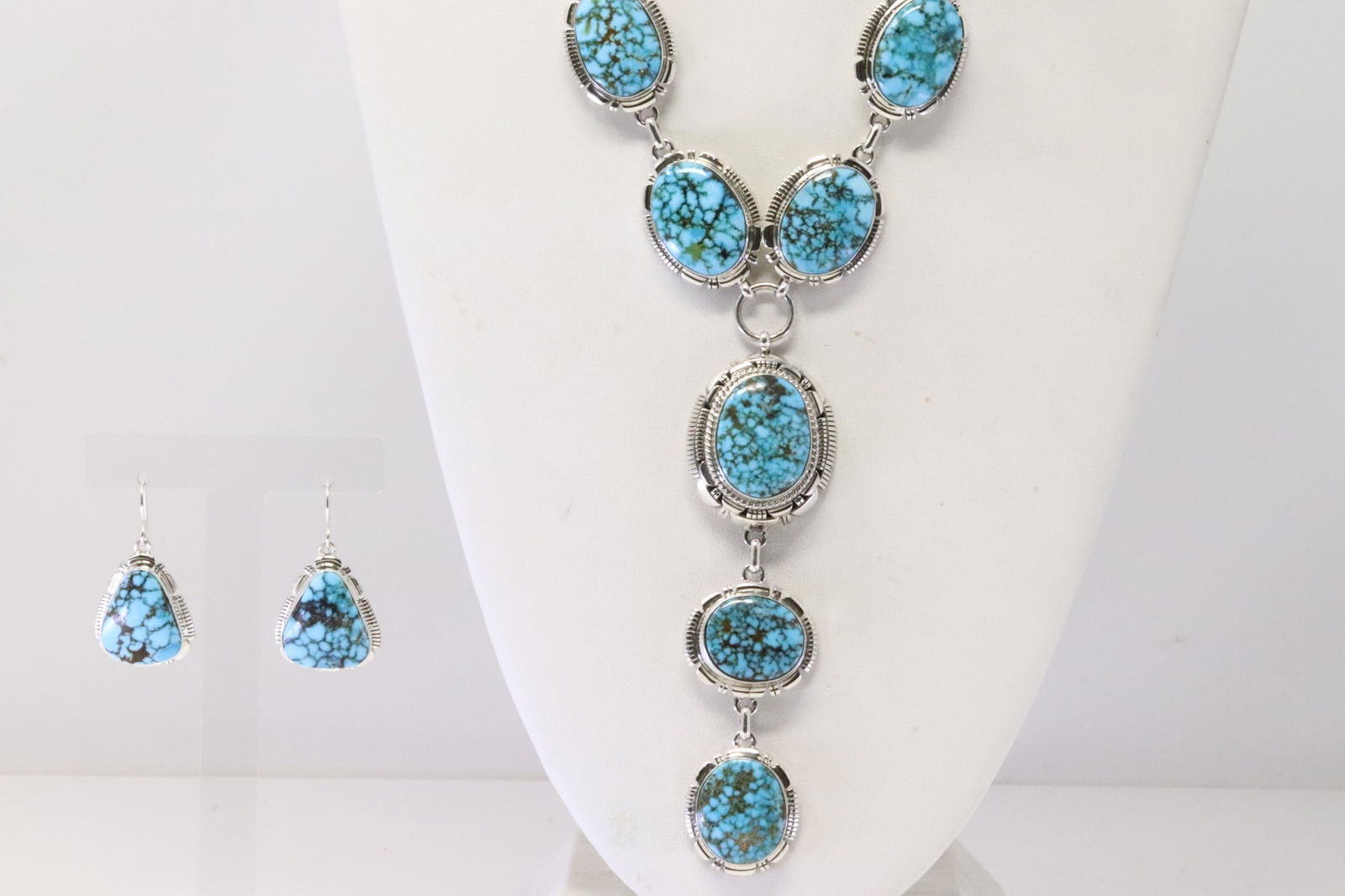 Native America Navajo Sterling Silver Web Turquoise Necklace & Earring's Set By L.M.Y. (1 of 6)
