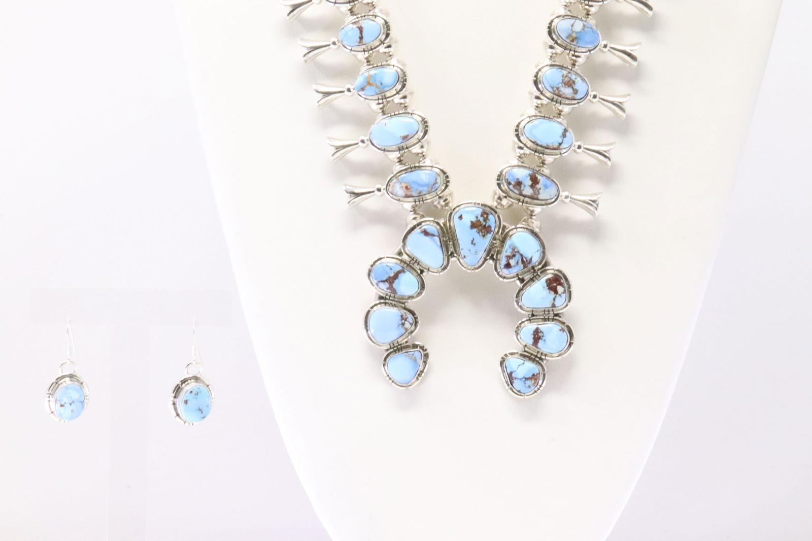 Native America Navajo Sterling Silver Golden Hills Turquoise Squash Blossom Necklace & Earring's Set (1 of 8)