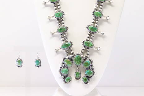 Native American Navajo Sterling Silver Sonora Gold Turquoise Squash Blossom Necklace & Earring's Set: This is a Native American Navajo Sterling Silver Sonora Gold Turquoise Squash Blossom Necklace & Earring's Set By Thomas Francisco. Necklace length: 26.00" Total weight: 198.20 Grams.