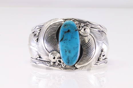 Native America Navajo Sterling Silver Turquoise Bracelet Cuff By Davey Morgan.: This is a Native America Navajo Sterling Silver Turquoise Bracelet Cuff By Davey Morgan.