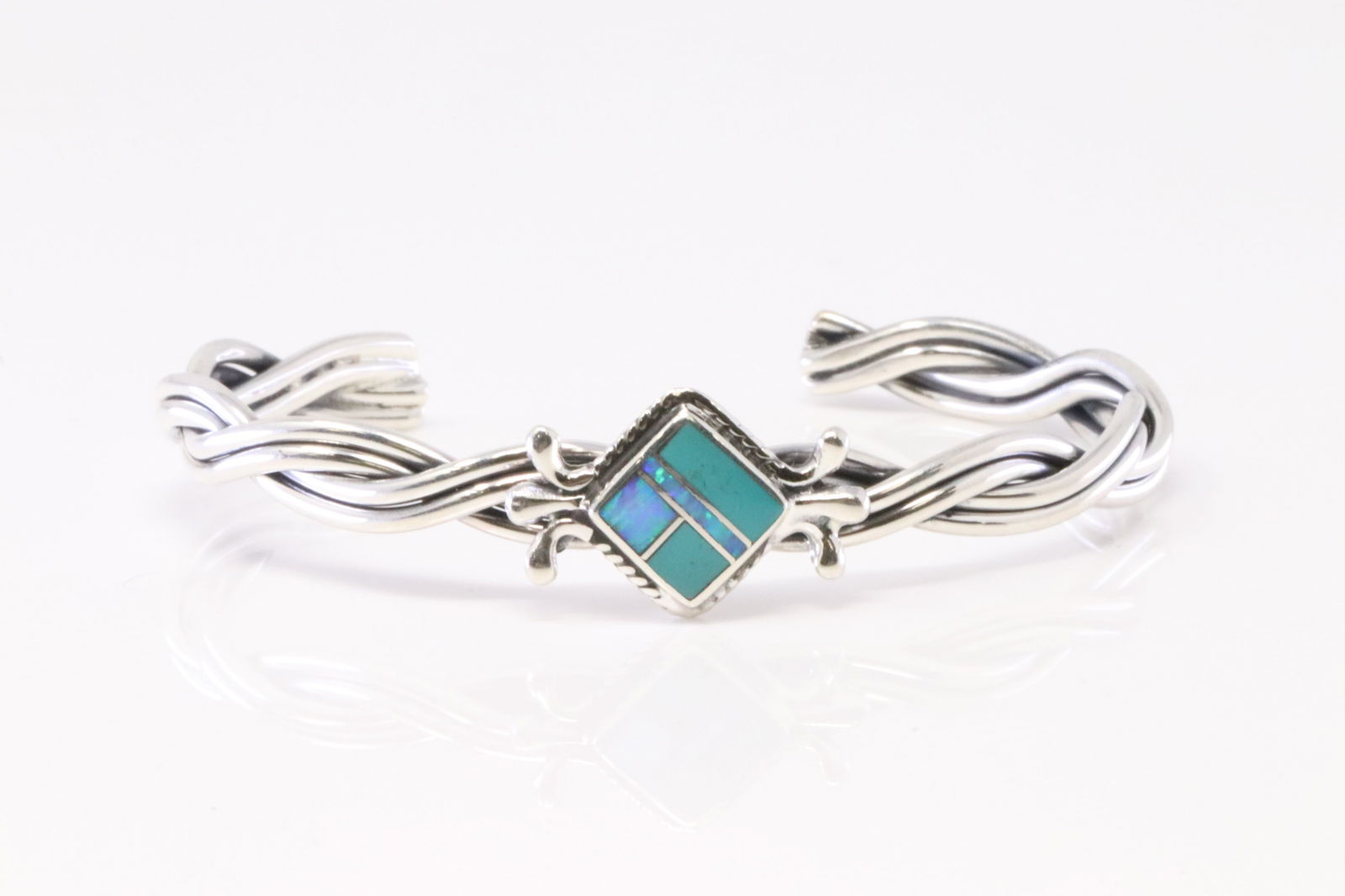 Native America Navajo Sterling Silver Opal & Turquoise Inlay Bracelet Cuff By James Manygoats. (1 of 4)