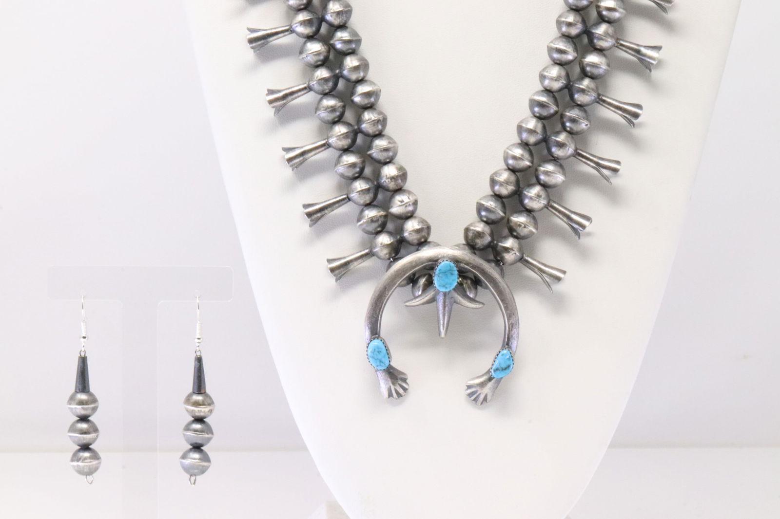 Native America Navajo Sterling Silver Turquoise Squash Blossom Necklace & Earring's Set By G.M. (1 of 7)
