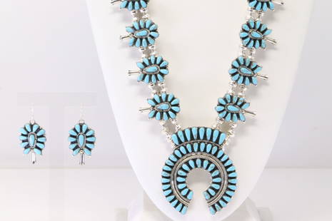 Native America Navajo Sterling Silver Turquoise Squash Blossom Necklace & Earring's Set By J.W.: This is a Native America Navajo Sterling Silver Synthetic Turquoise Squash Blossom Necklace & Earring's Set By J.W. Necklace length: 28.00" Total weight: 119.10 Grams.