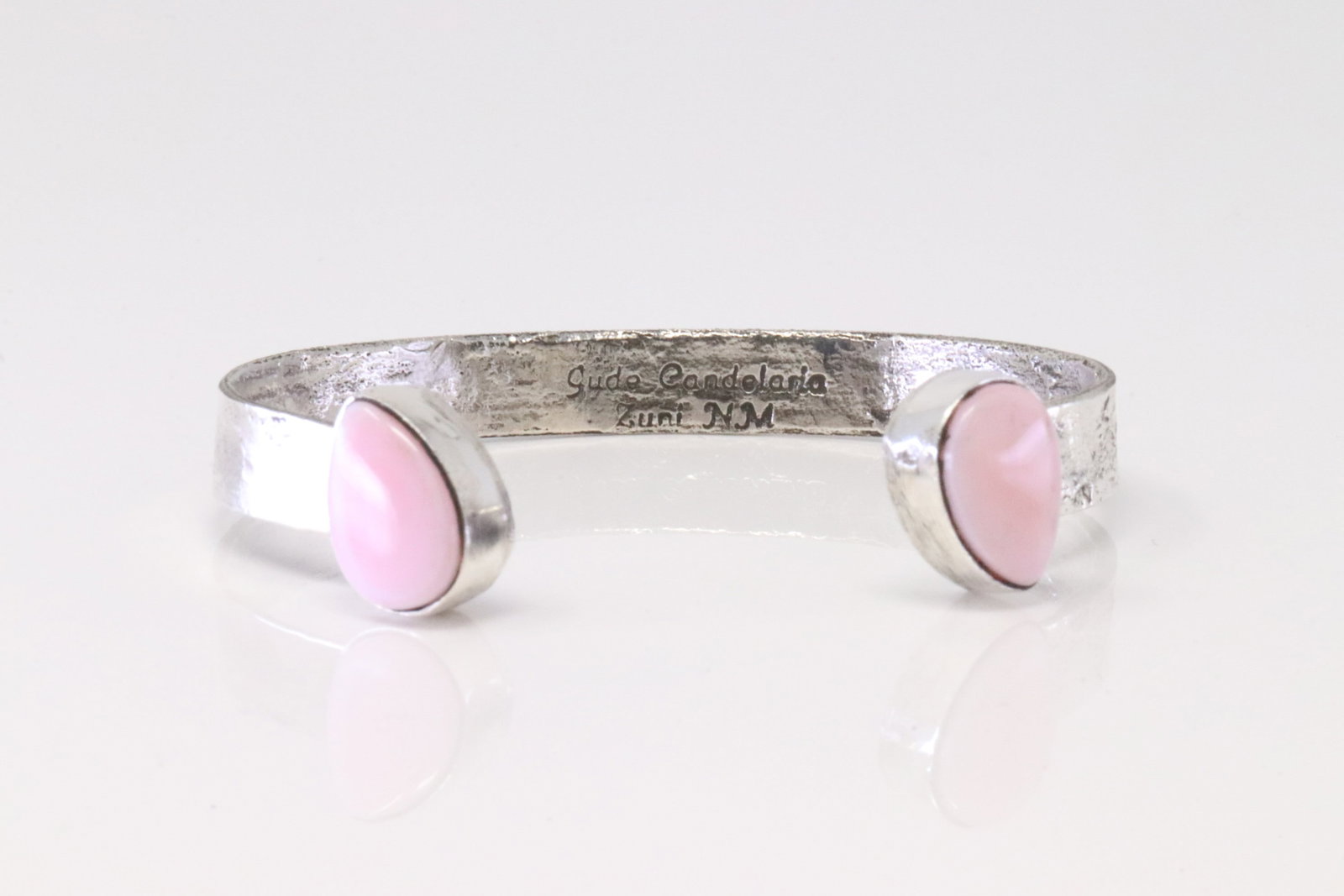 Native America Zuni Sterling Silver Pink Concho Bracelet By Jude Candelaria.: This is a Native America Zuni Sterling Silver Pink Concho Bracelet By Jude Candelaria.