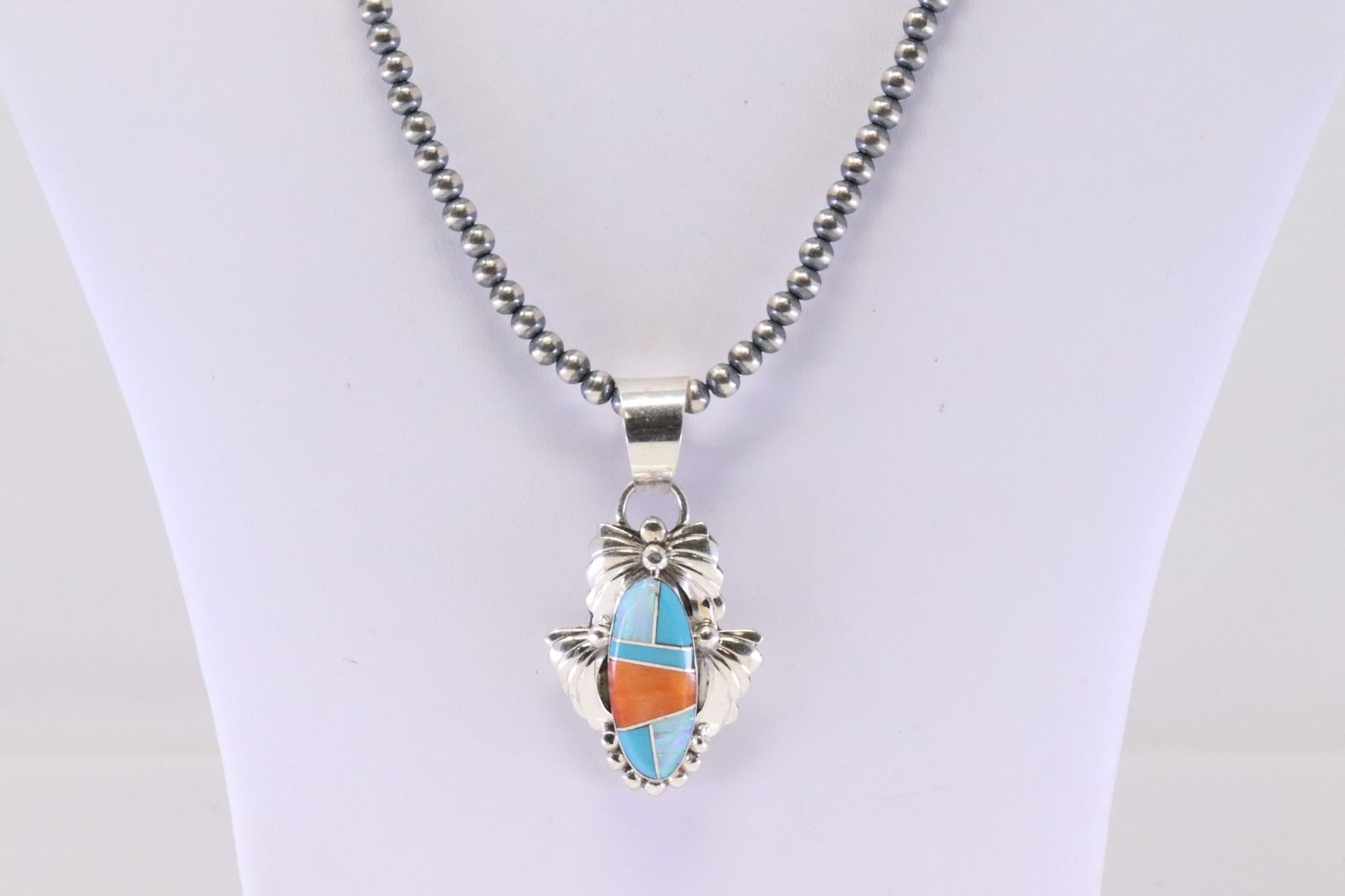 Native American Navajo Sterling Silver Multi-Color Pendant with Pearl Beaded Sterling Silver Machine (1 of 4)