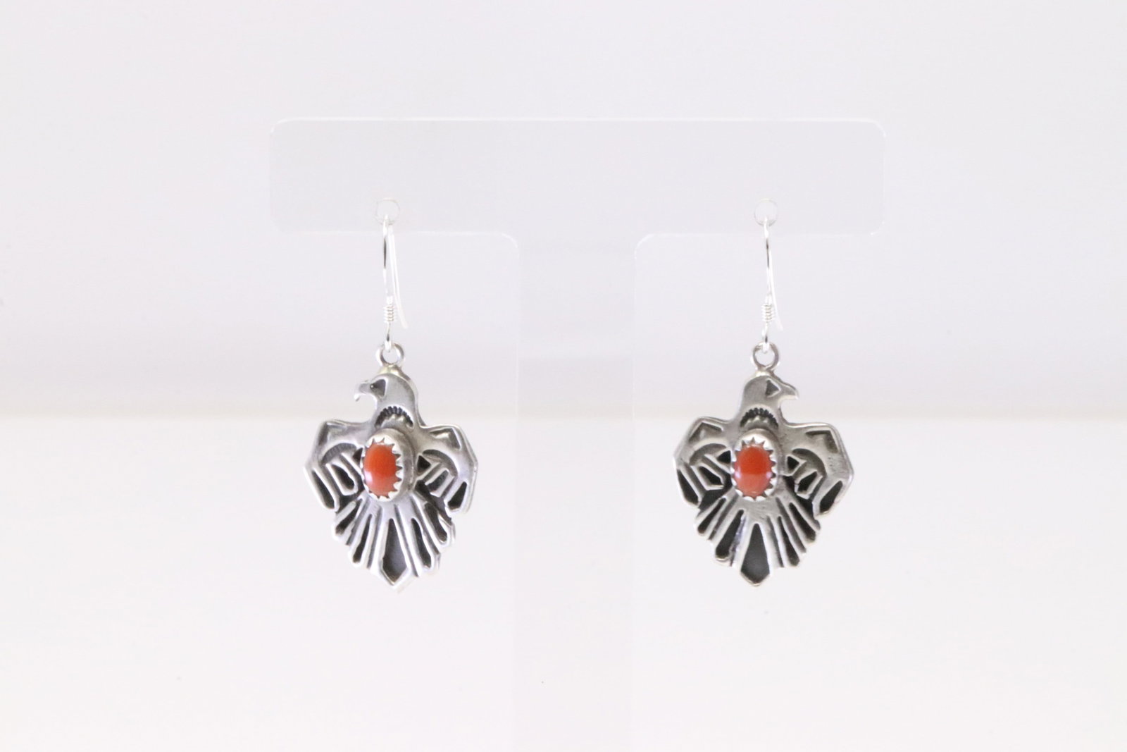 Native America Navajo Sterling Silver Coral Thunderbird Dangling Earring's By Paige Gordon.: This is a Native America Navajo Sterling Silver Coral Thunderbird Dangling Earring's By Paige Gordon.
