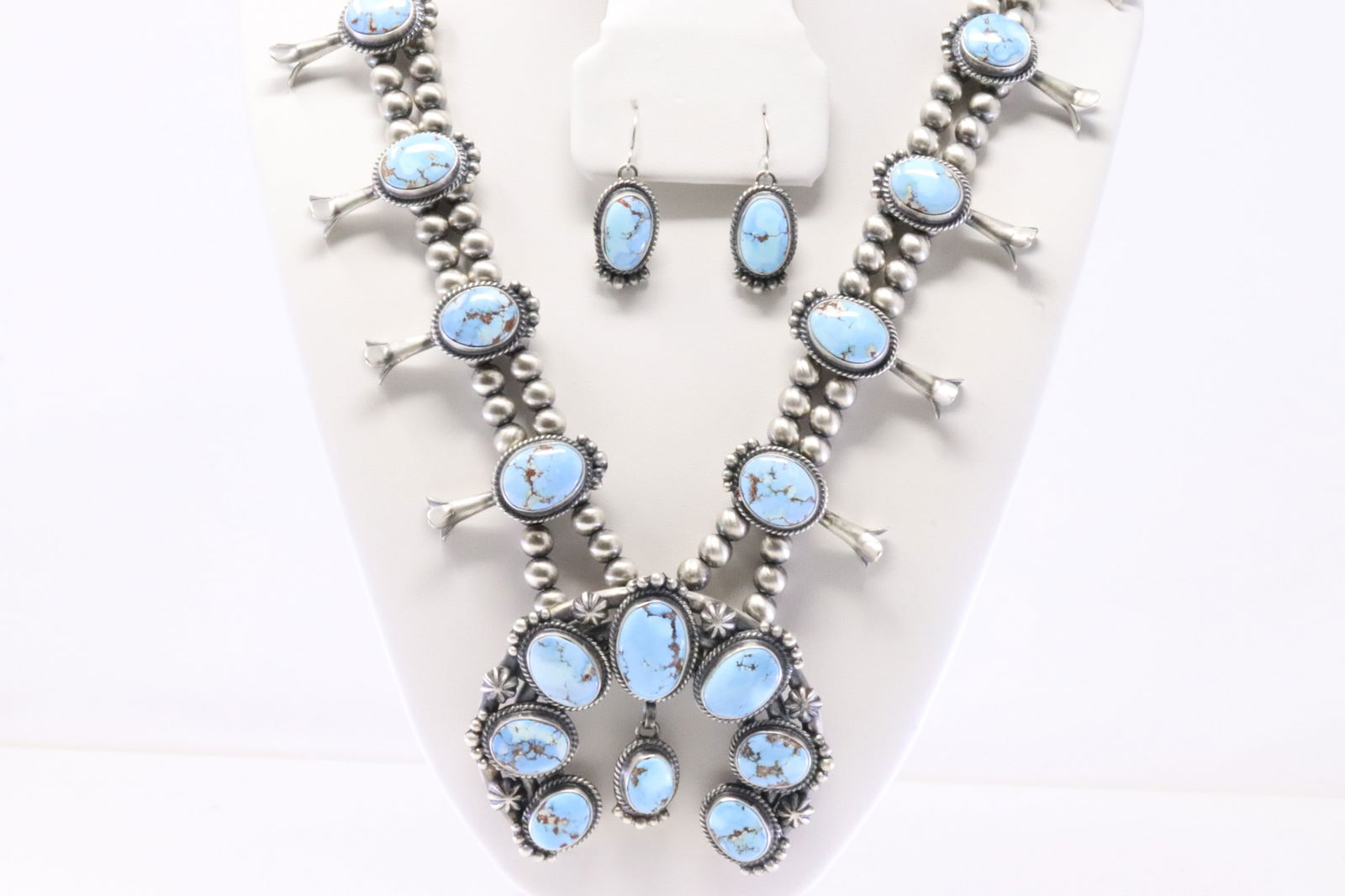Native American Navajo Sterling Silver Golden Hills Turquoise Squash Blossom Necklace & Earring's (1 of 9)