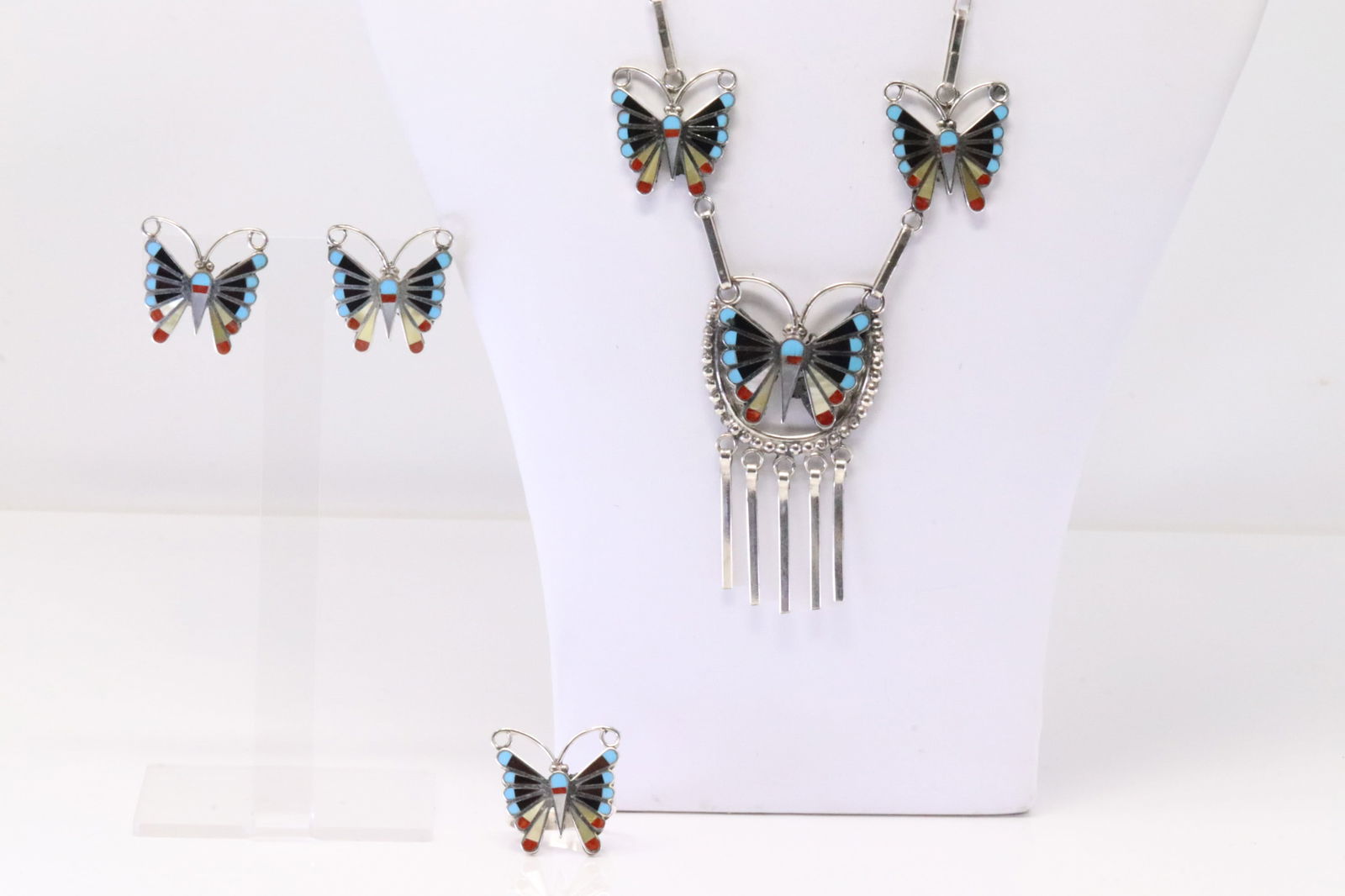 Native America Zuni Sterling Silver Multi-Color Necklace / Earring & Ring Set By Adrian Wallace. (1 of 7)