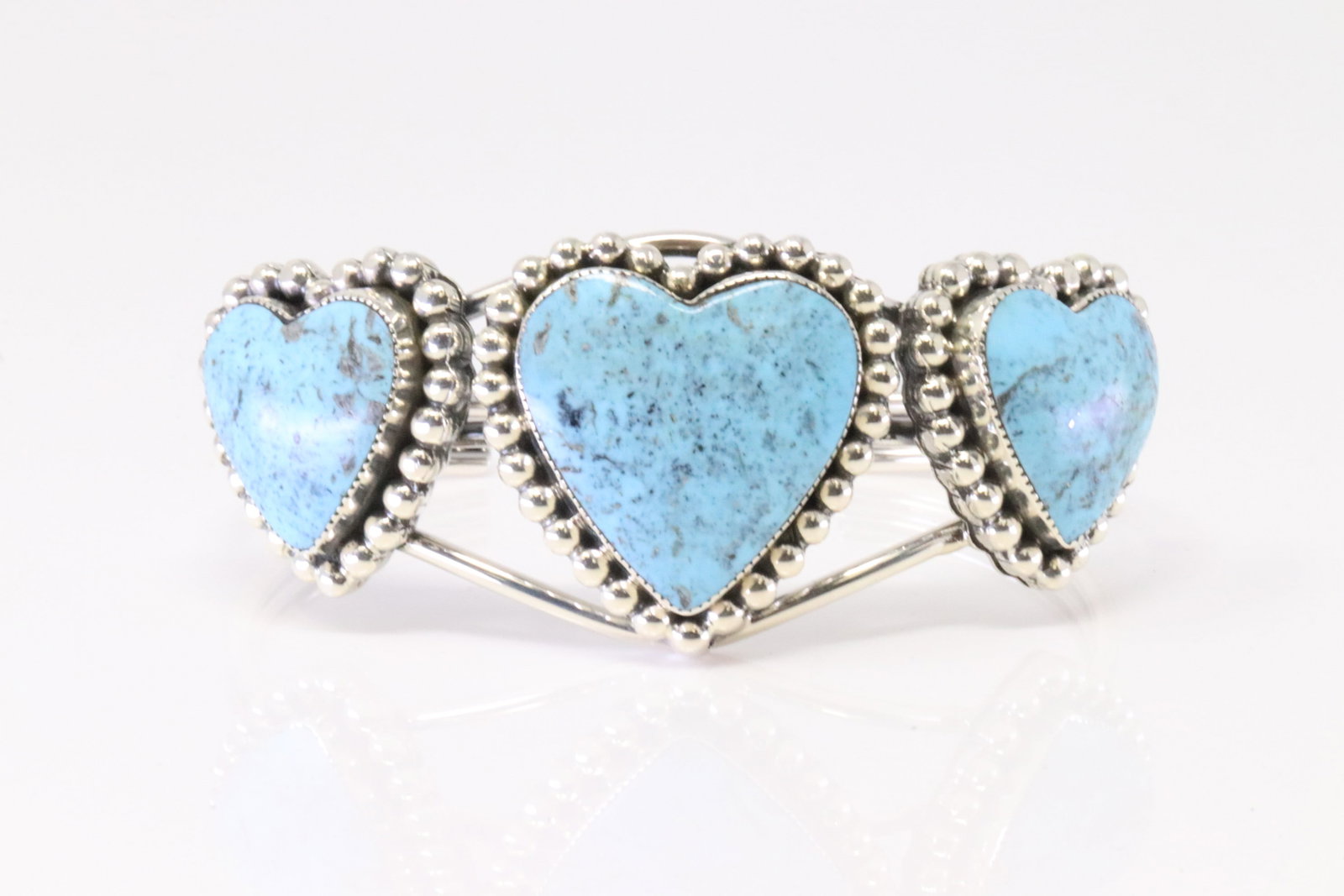 Native America Navajo Sterling Silver Turquoise Heart Bracelet Cuff By David Lopez.: This is a Native America Navajo Sterling Silver Turquoise Heart Bracelet Cuff By David Lopez.