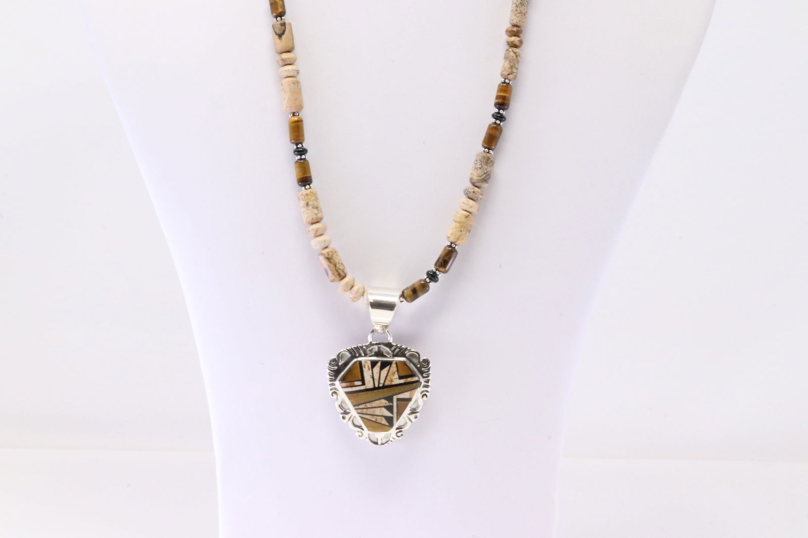 Native America Navajo Sterling Silver Multi-Color Stone Necklace By C.A. (1 of 4)