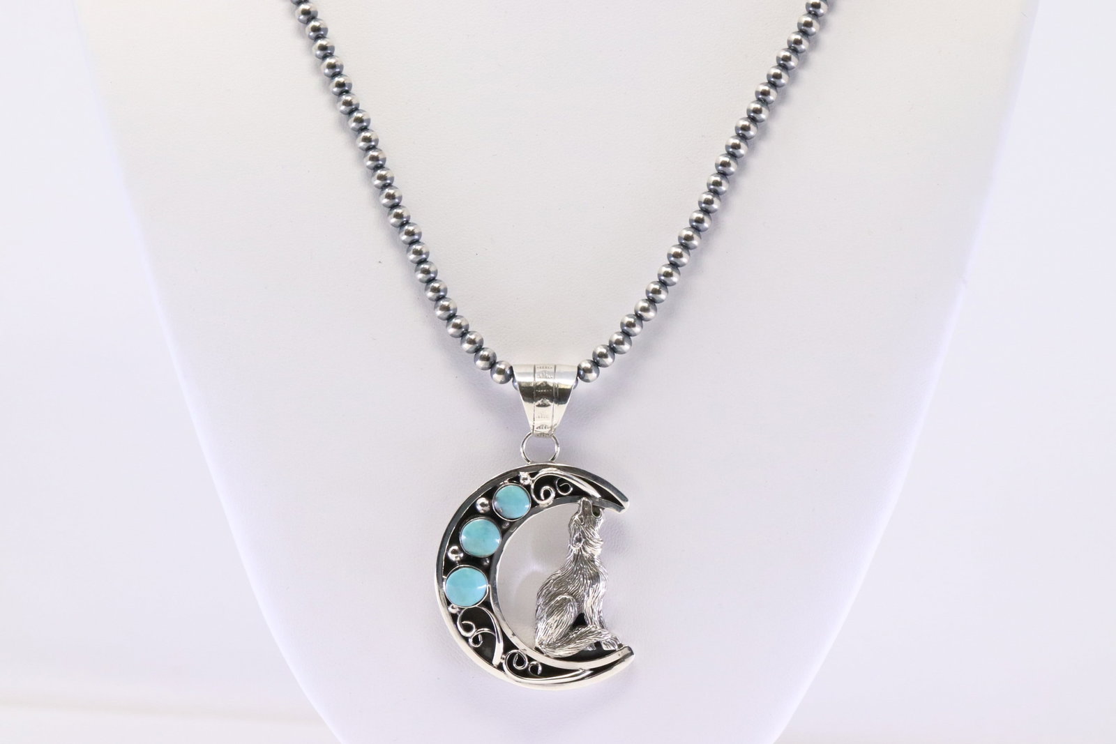 Native America Navajo Sterling Silver Turquoise Wolf Pendant By Jennifer Cayaditto. With Pearl (1 of 4)