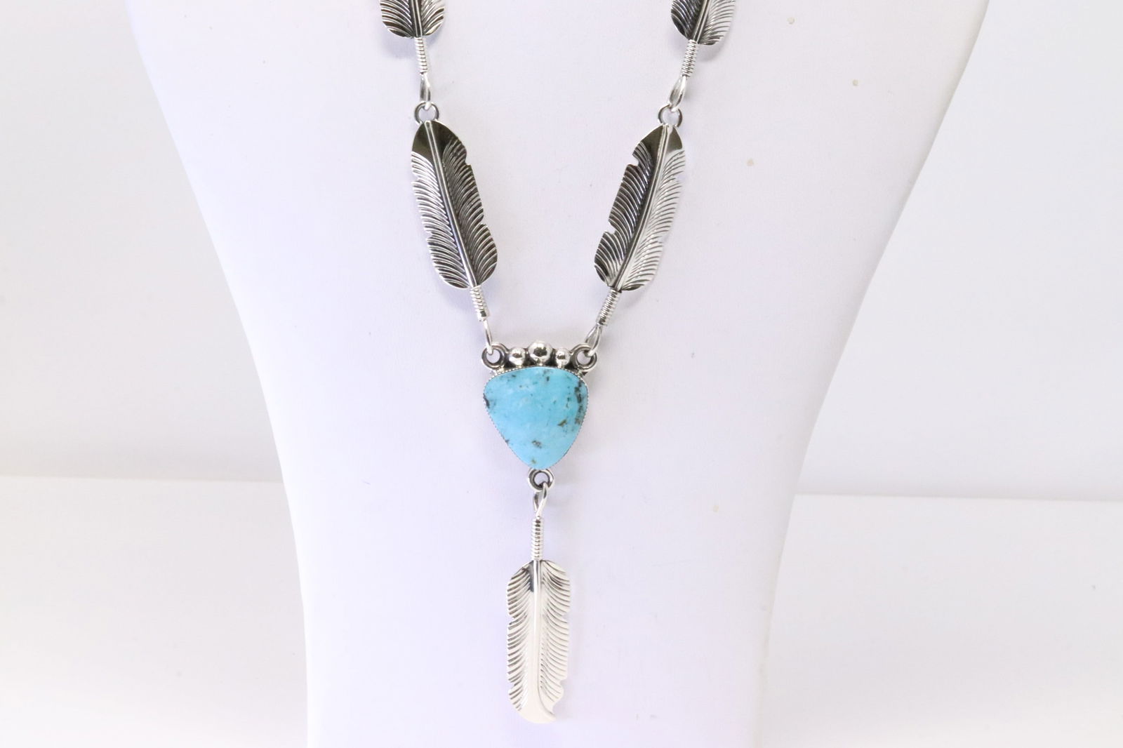 Native American Navajo Sterling Silver Turquoise Feather Necklace By Gilbert Smith. (1 of 4)