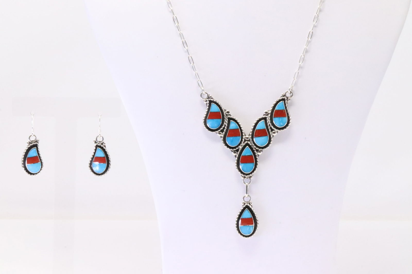Native America Zuni Sterling Silver Coral & Turquoise Necklace & Earring's Set By Faye Lowsayatee. (1 of 5)