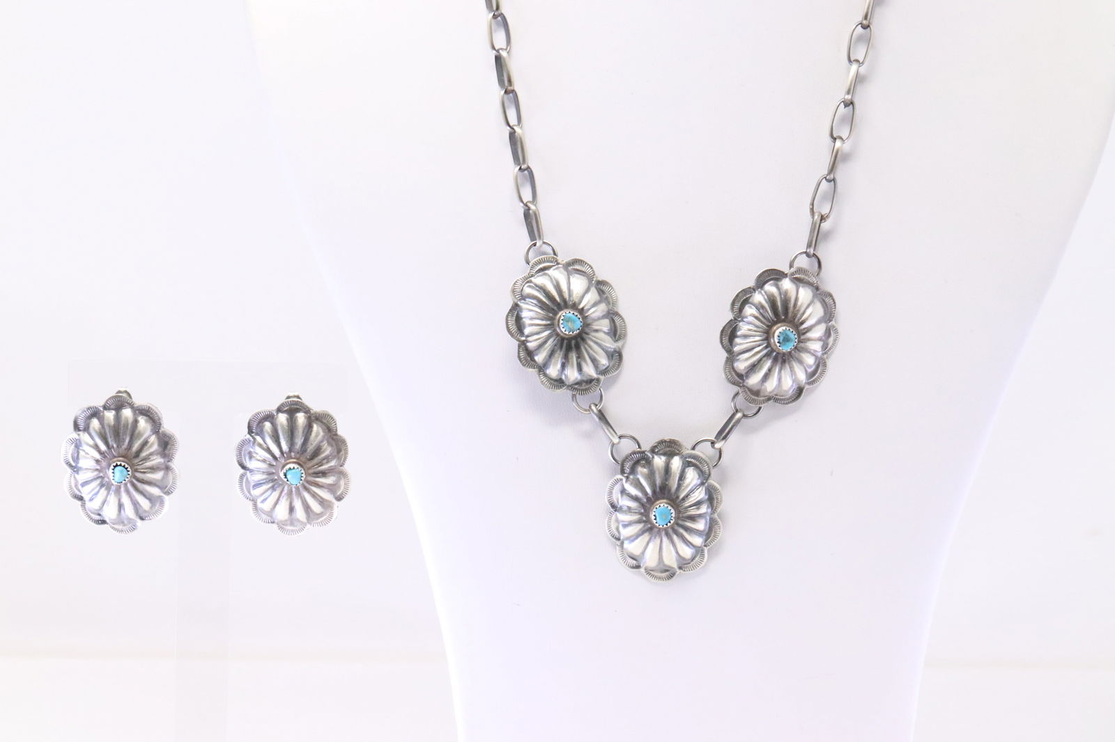 Native American Navajo Sterling Silver Concho Turquoise Necklace & Earring's Set By B. (1 of 5)