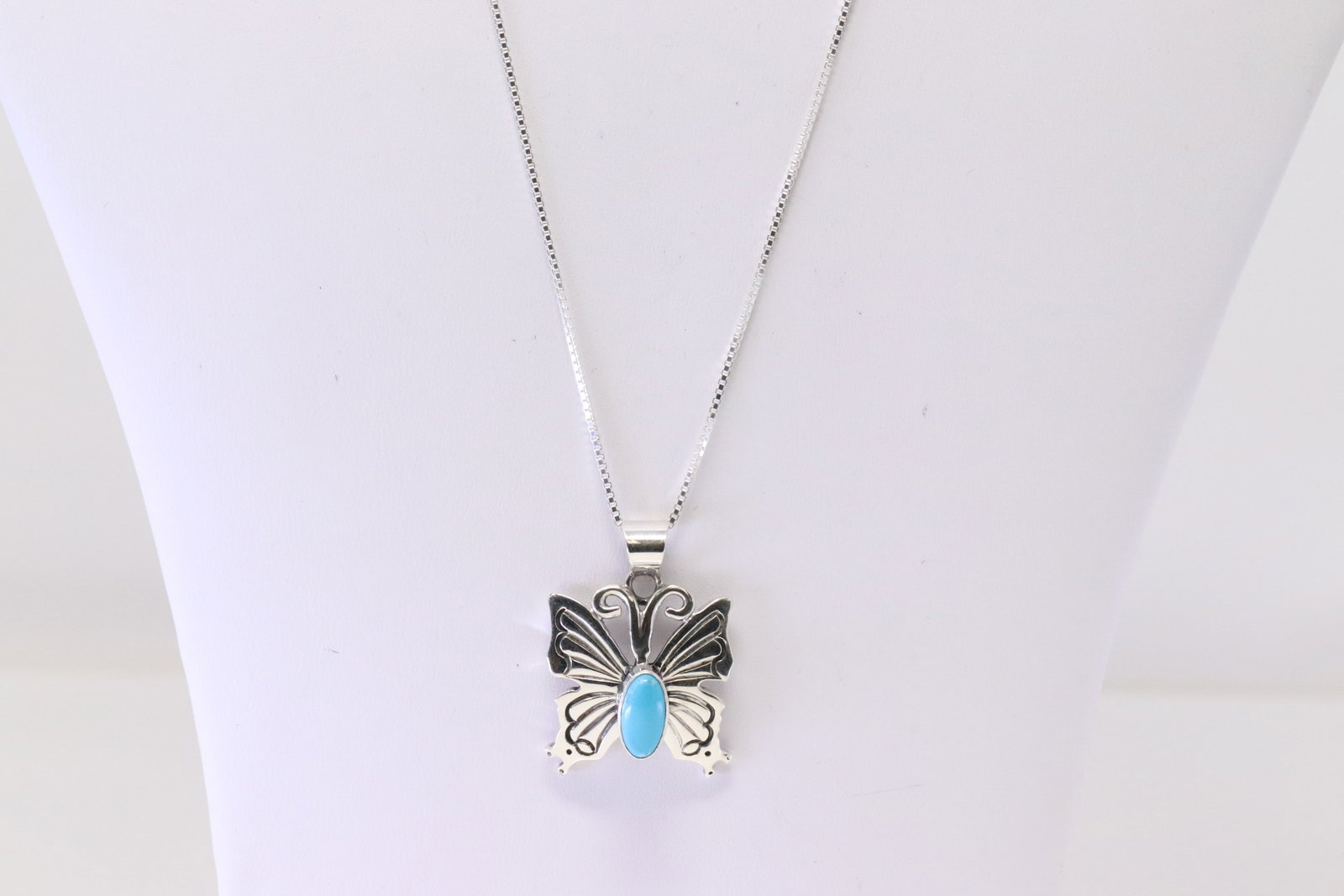 Native American Navajo Sterling Silver Turquoise Butterfly Pendant with A 925 Necklace By J.D.: This is a Native American Navajo Sterling Silver Turquoise Butterfly Pendant with A 925 Necklace By J.D. Necklace length: 20.00"