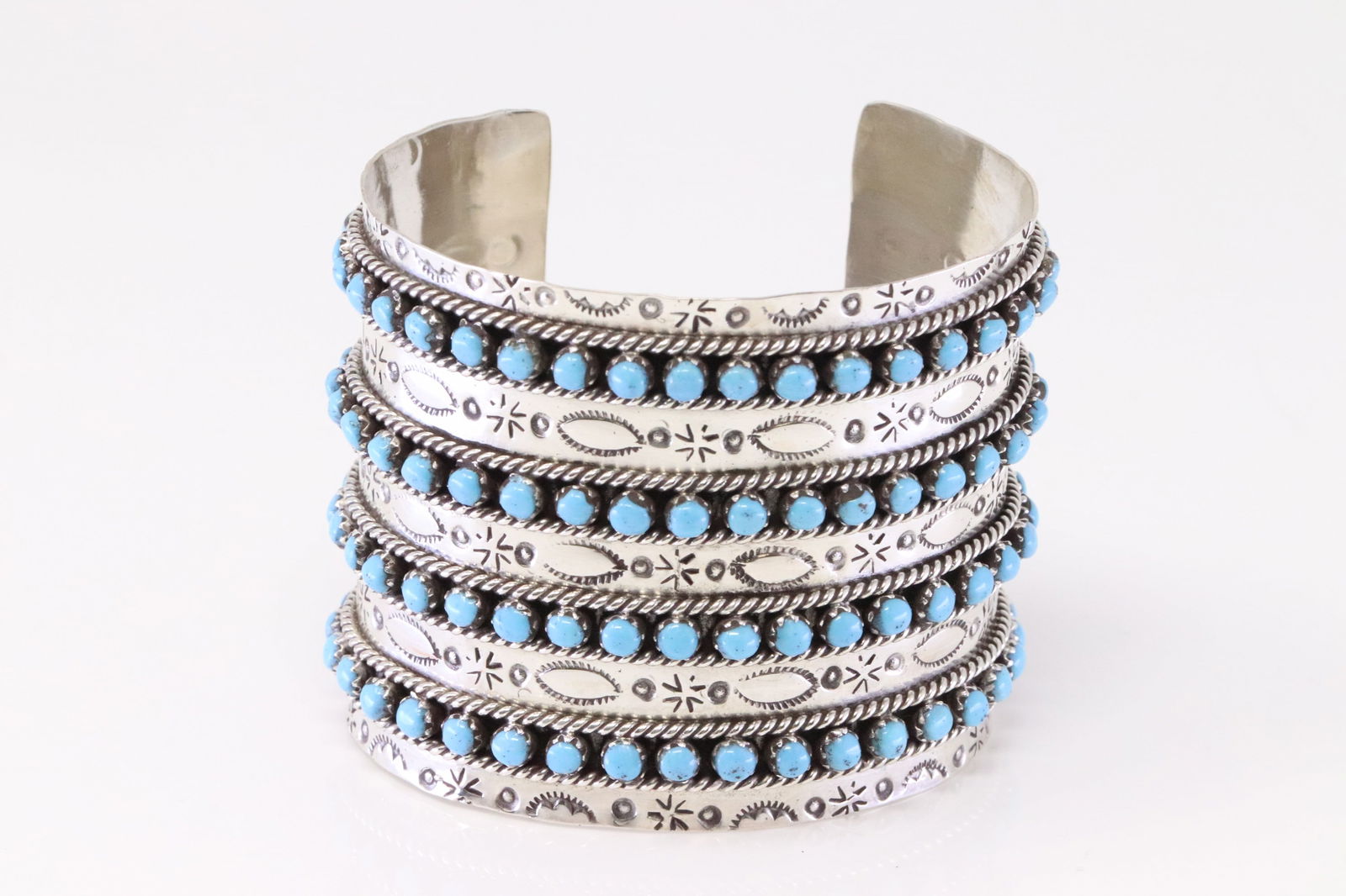 Native America Zuni Sterling Silver 4 Row Turquoise Bracelet Cuff By Pearl Ukestine. (1 of 4)