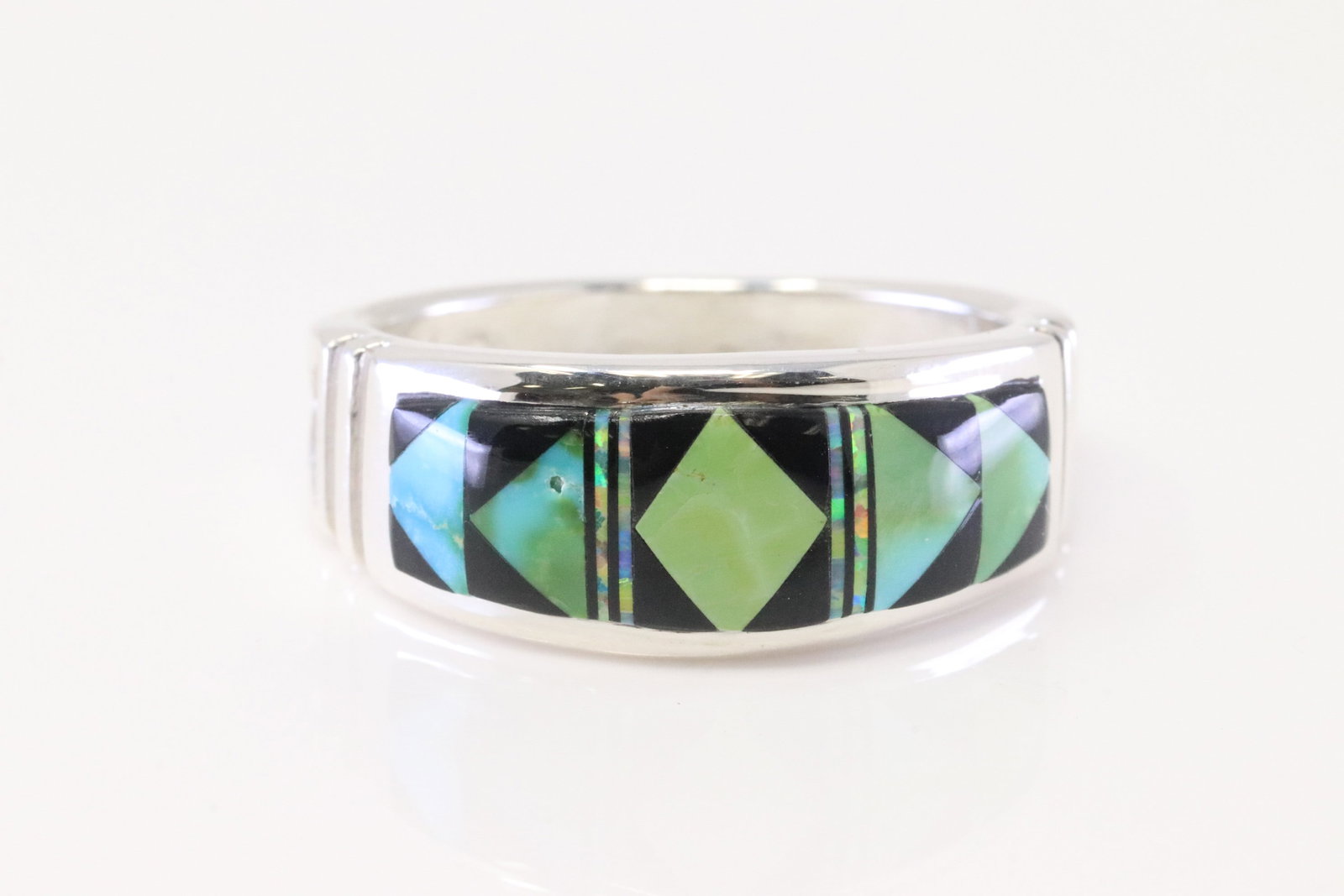 Native America Navajo Sterling Silver Multi-Color Inlay Ring By Rick T.: This is a Native America Navajo Sterling Silver Multi-Color Inlay Ring By Rick T. Ring size: 10.25.