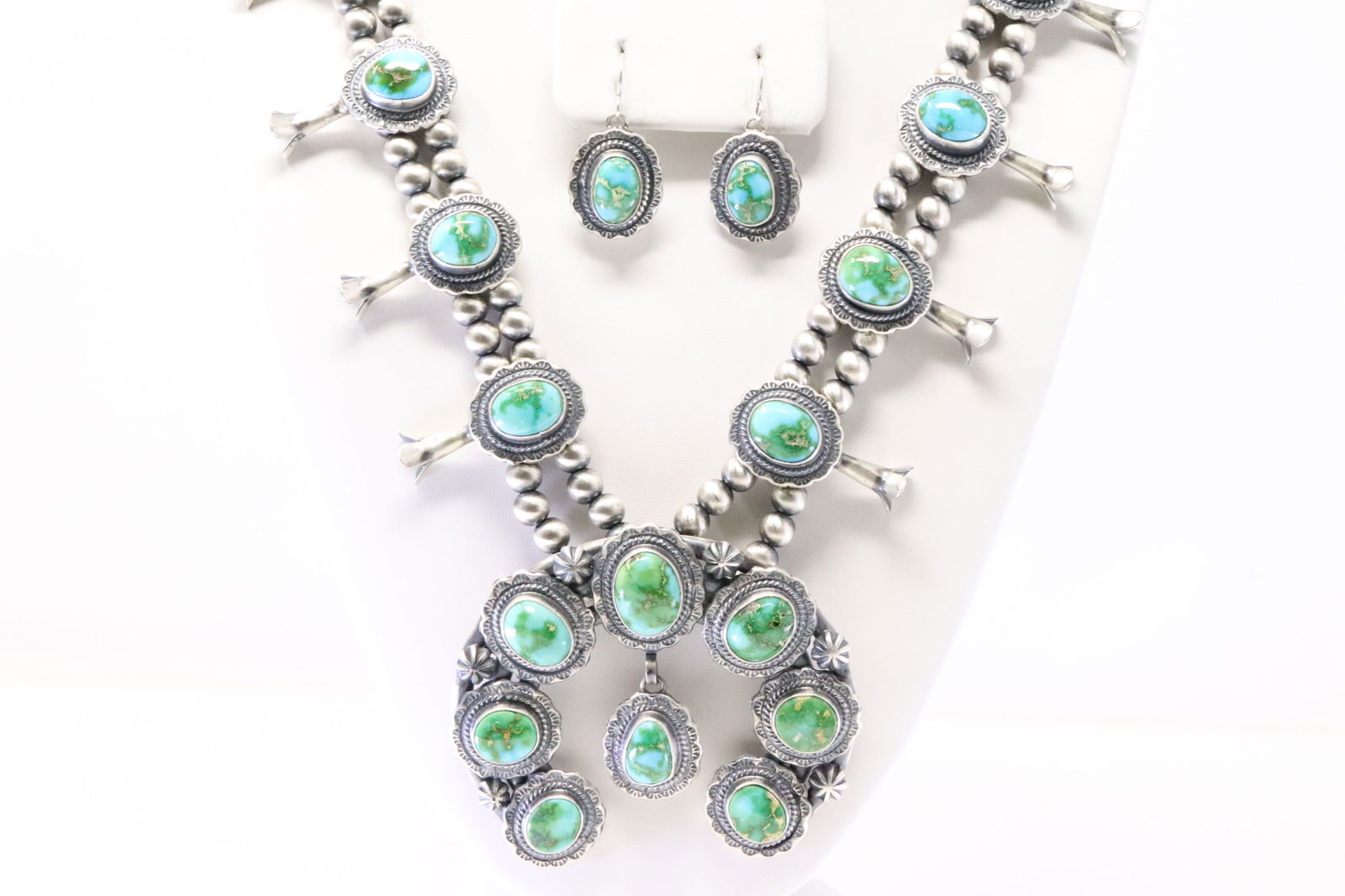 Native America Navajo Sterling Silver Sonora Gold Turquoise Squash Blossom Necklace & Earring's Set (1 of 6)