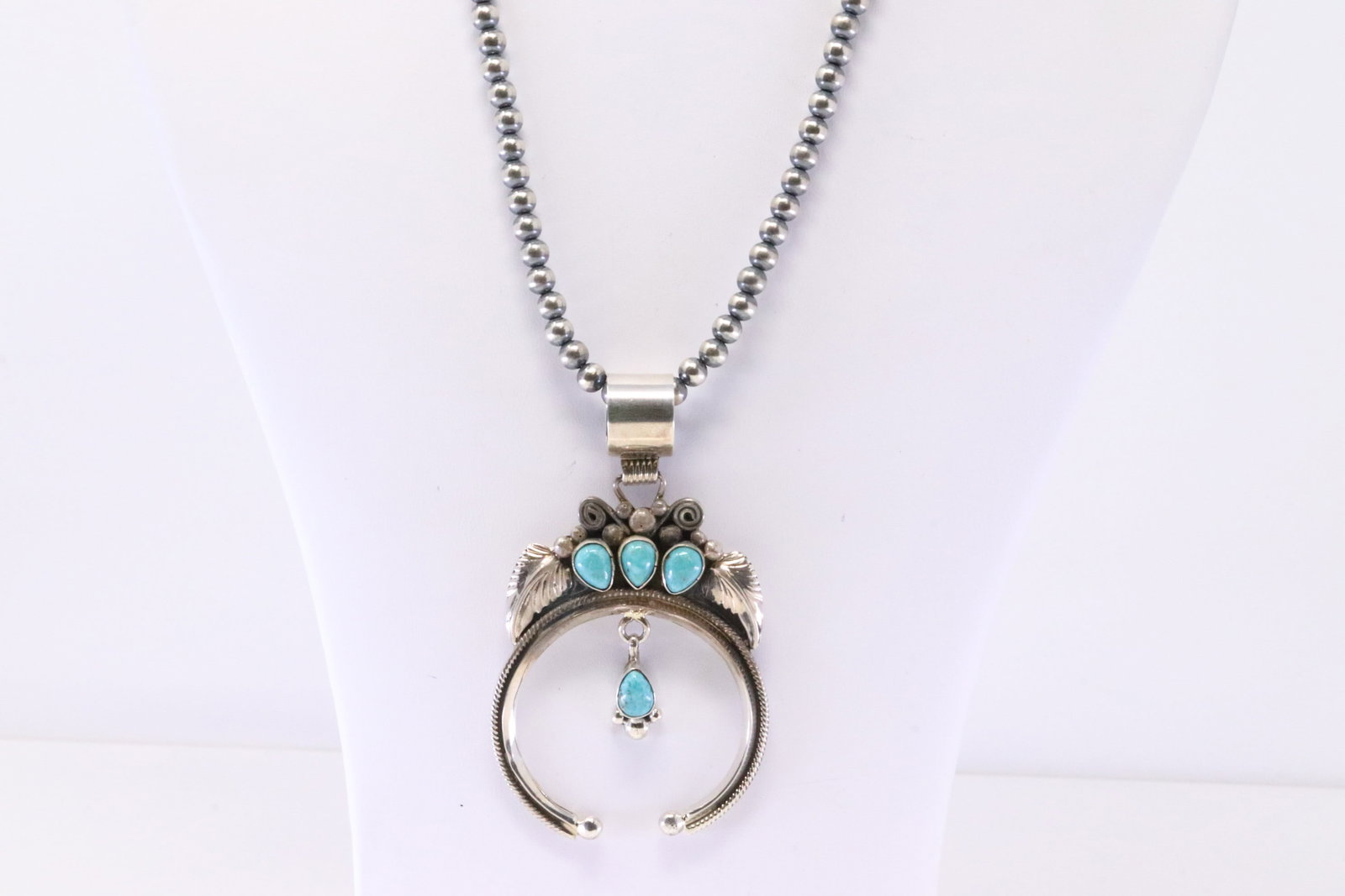 Native America Navajo Sterling Silver Turquoise Naja Pendant By Vernon Johnson. With Pearl Beaded (1 of 4)