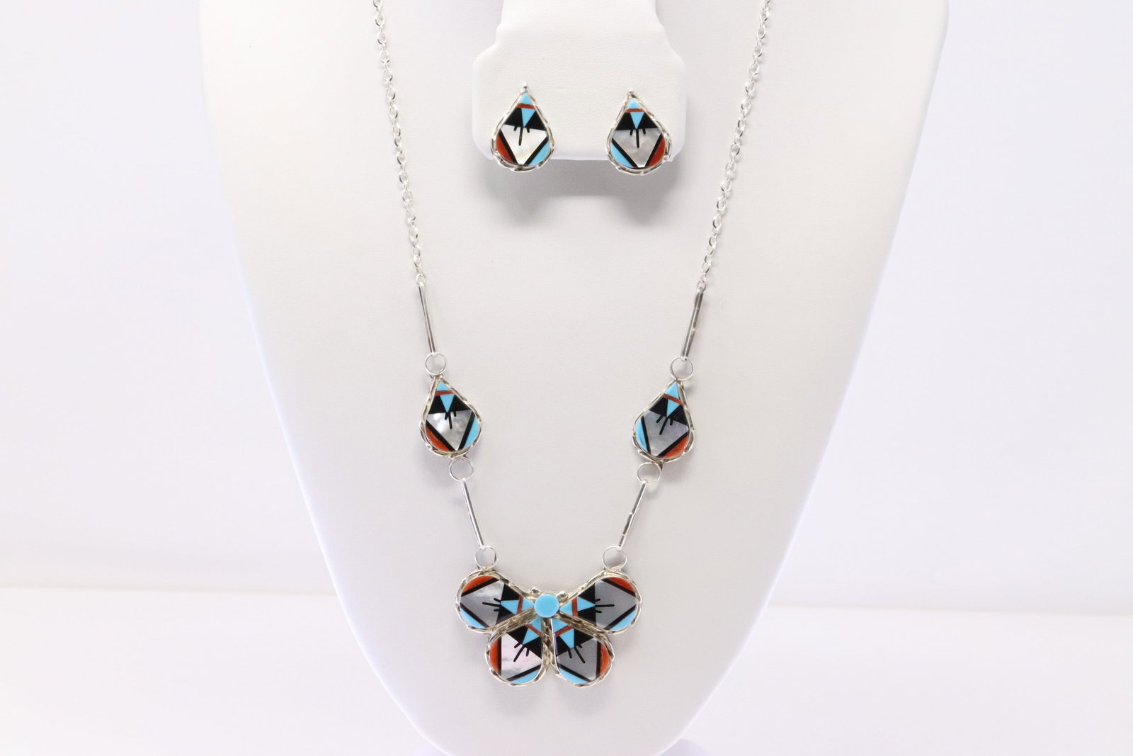 Native America Zuni Sterling Silver Multi-Color Inlay Tear Drop Link Necklace & Earring's Set By (1 of 5)